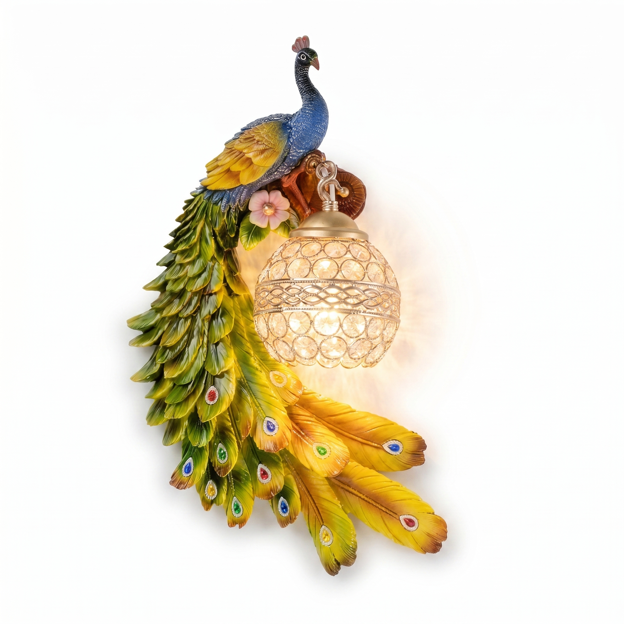 Pavone colorful peacock crystal wall sconce, left facing, crystal ball lit
