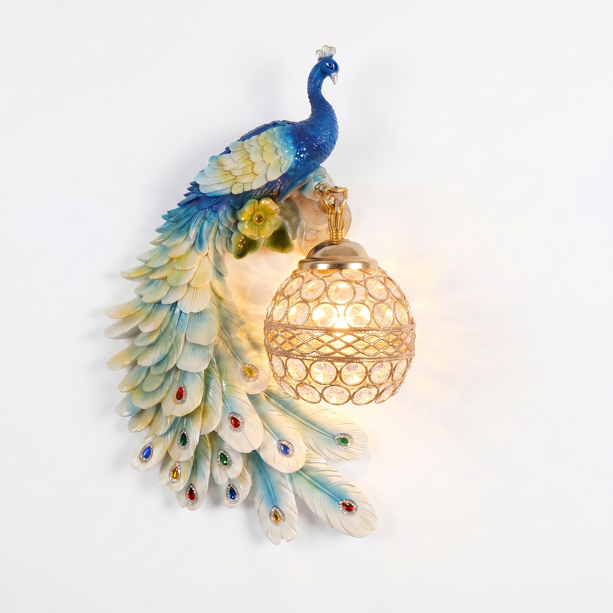 Pavone colorful peacock crystal wall sconce, right facing, crystal ball lit
