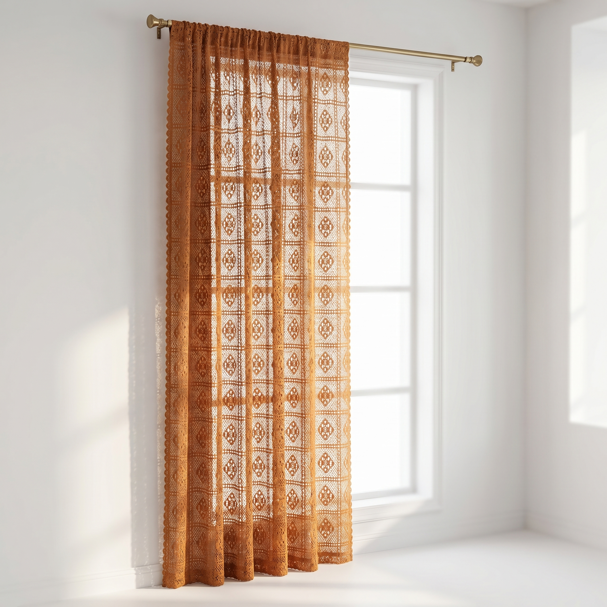 Siena boho crochet curtain panel in amber on a bright window