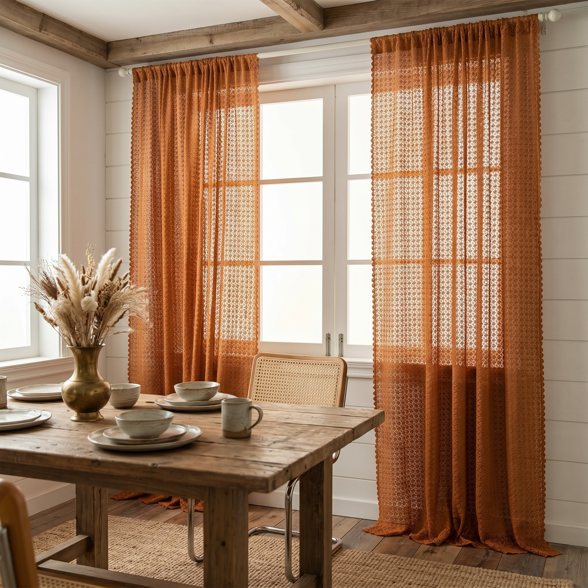 Amber boho crochet curtains in a farmhouse dining nook