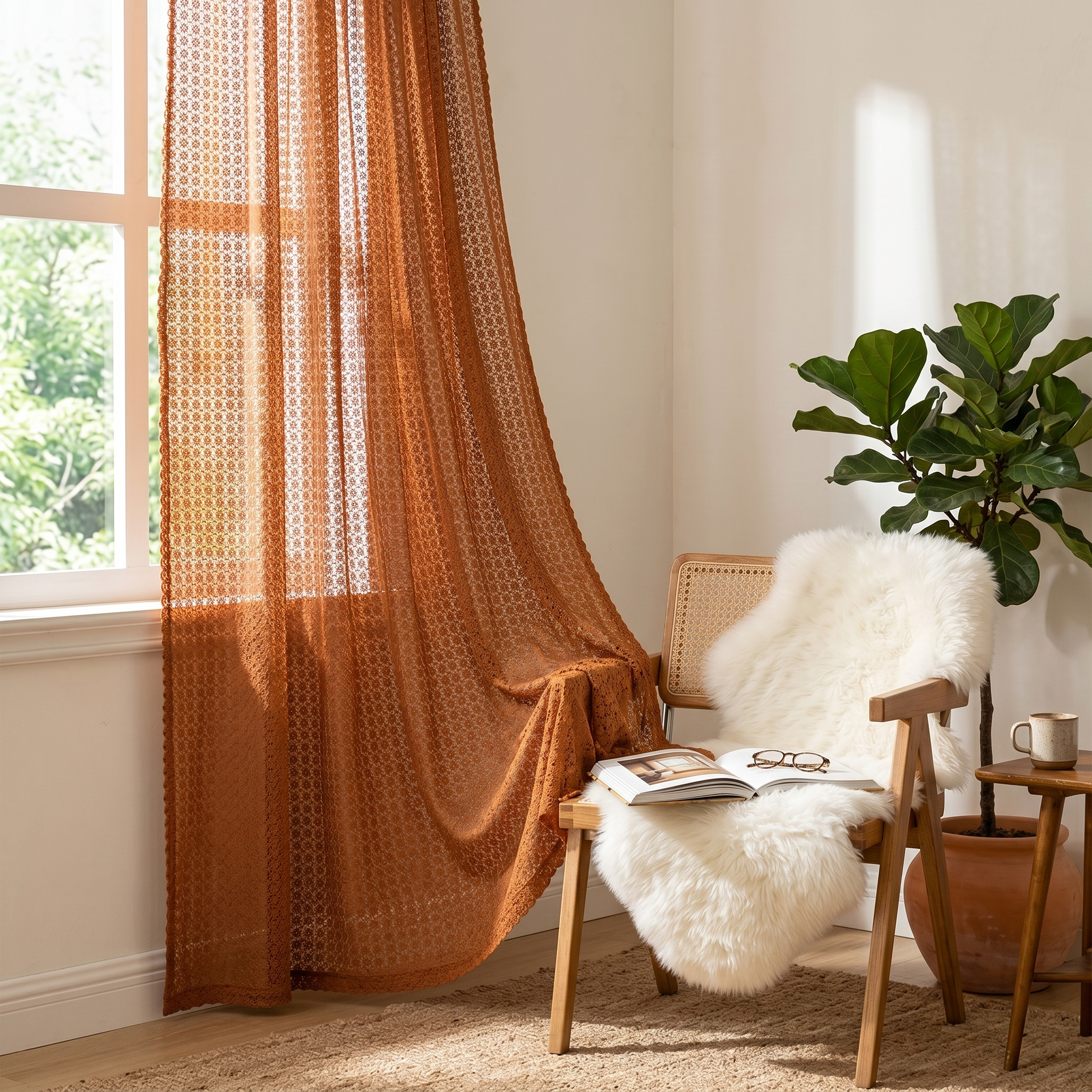 Amber boho crochet curtains in a cozy reading corner
