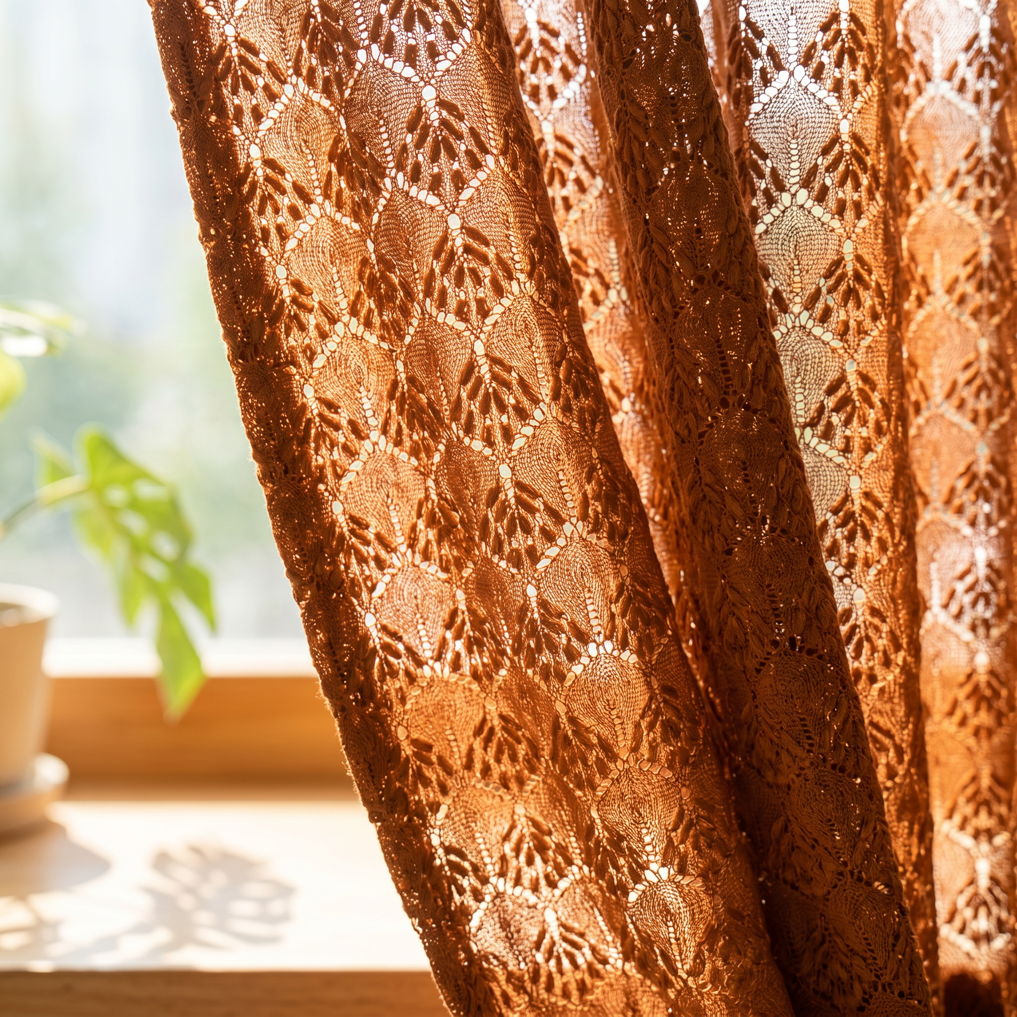 Sunlight through the amber crochet curtain weave detail