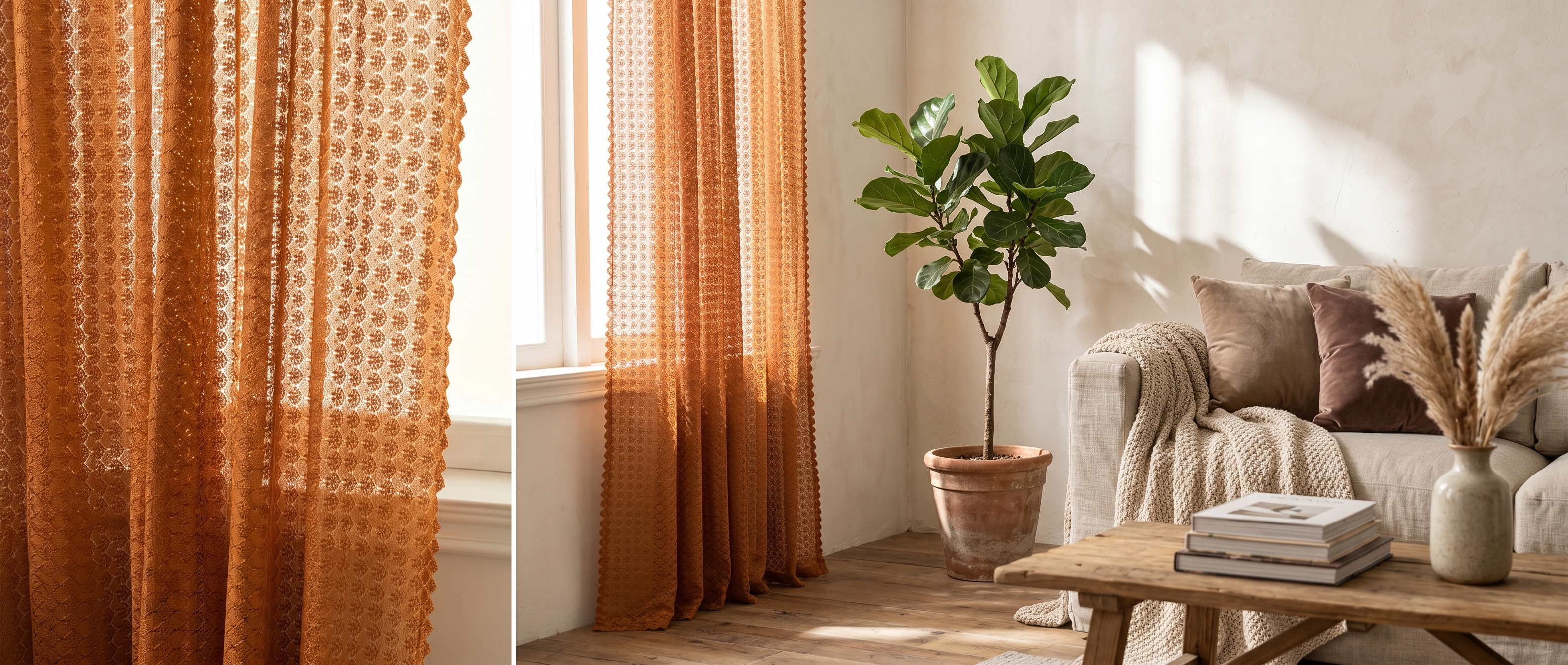 Siena boho crochet curtain in a bright living room banner