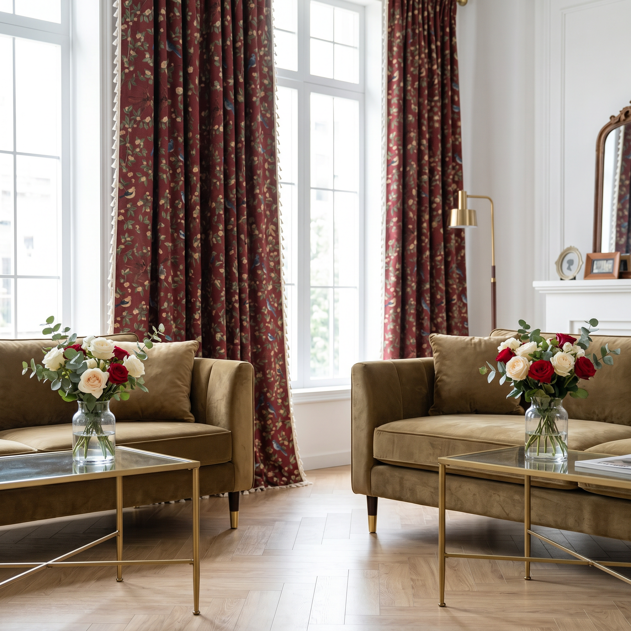 Crimson floral tassel curtains in a refined living room