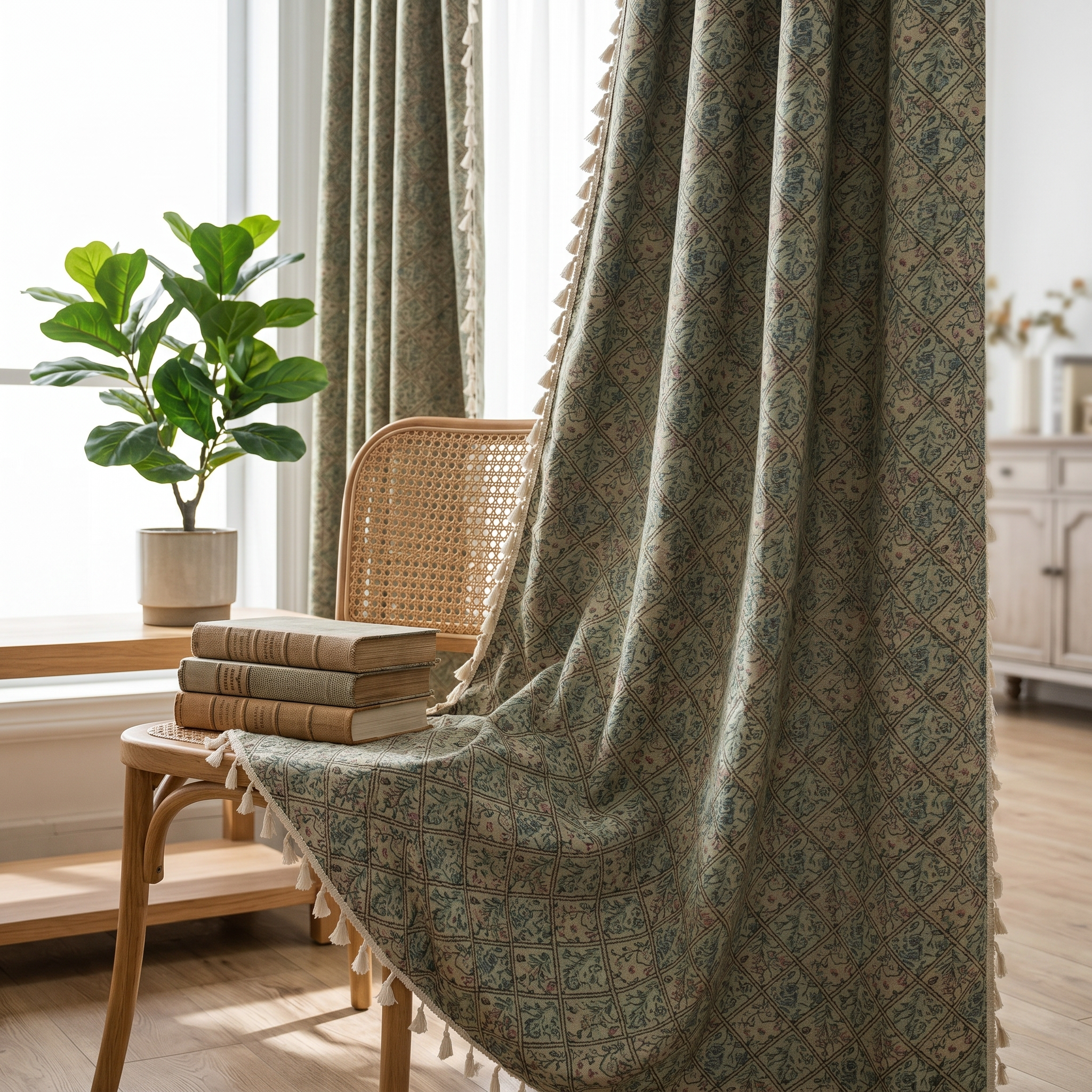 Olive floral tassel curtains in an elegant lounge
