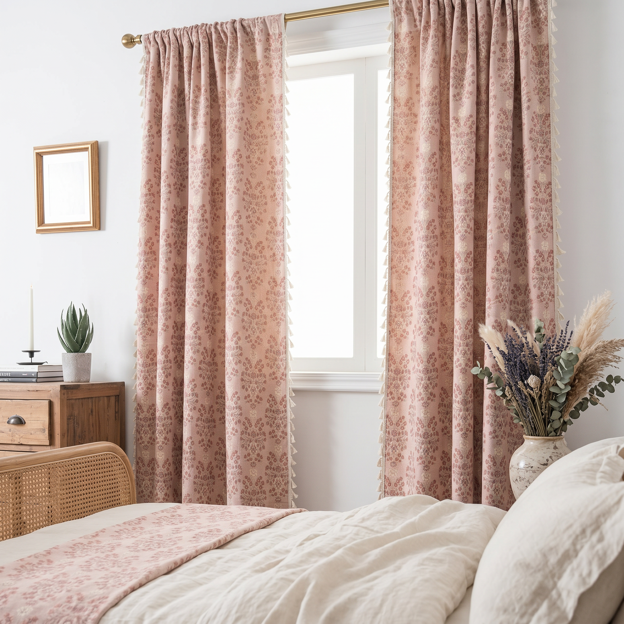 Blush floral tassel curtains in a bright bedroom