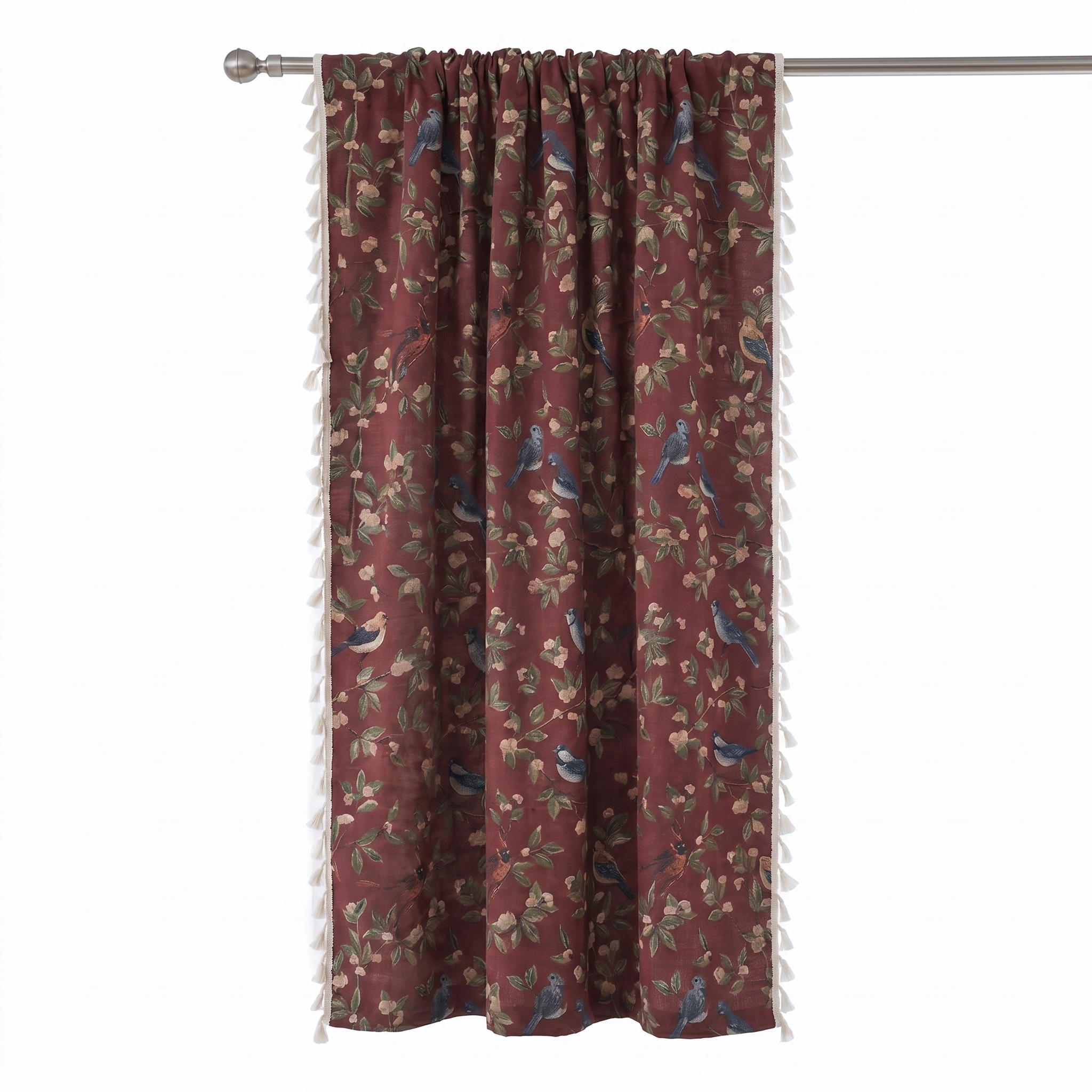 Fiorita floral tassel curtain in Crimson Bloom on white