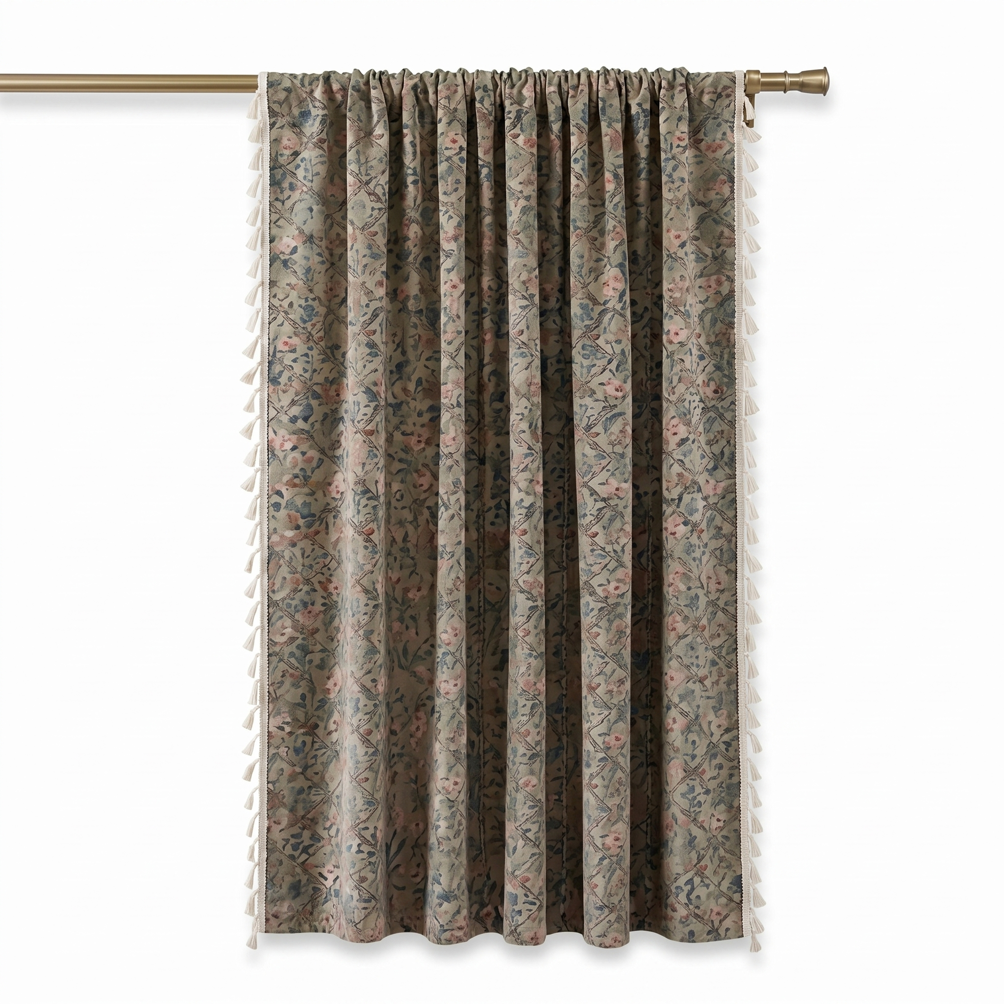 Fiorita floral tassel curtain in Olive Bloom on white