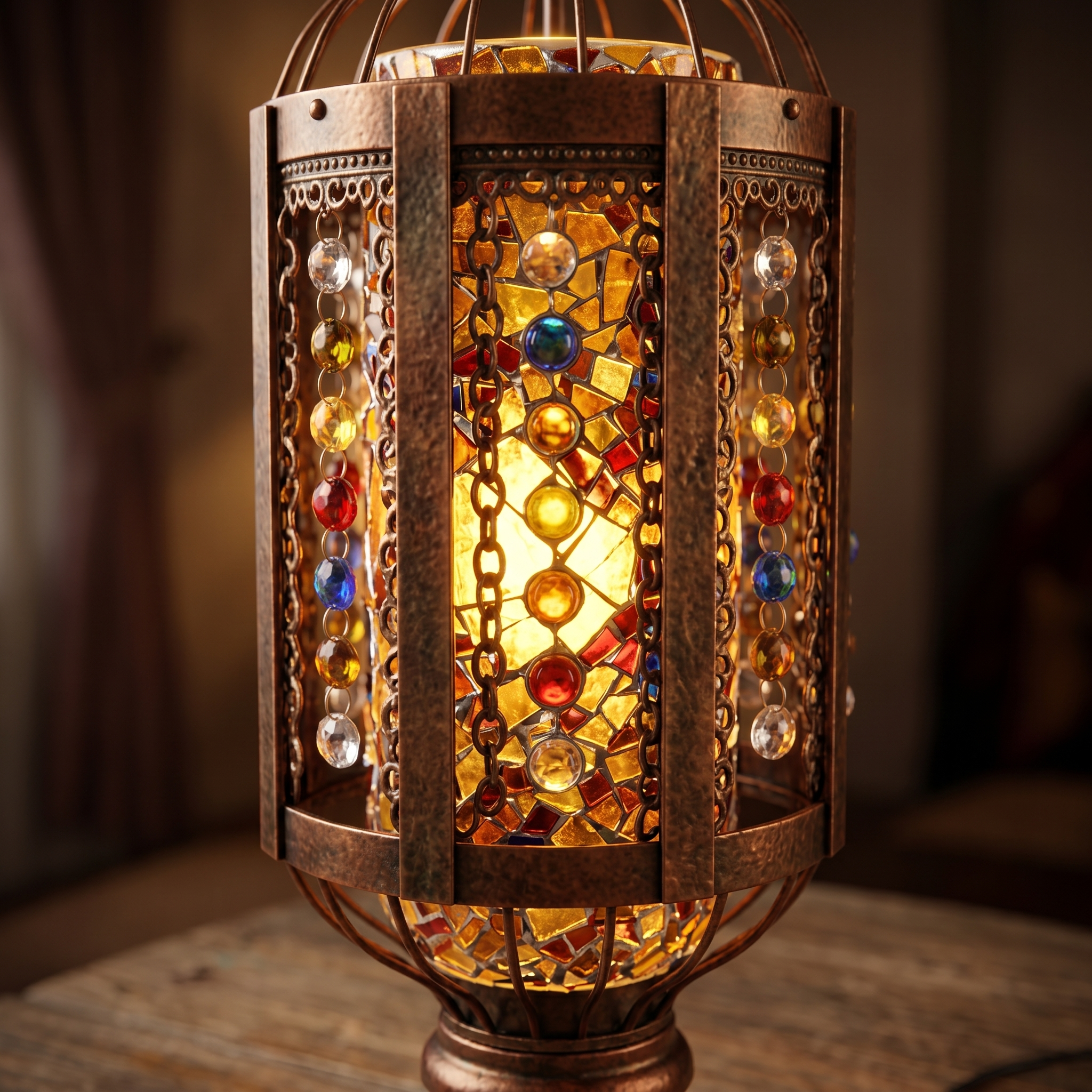 Close-up of the glowing mosaic glass and bronze frame