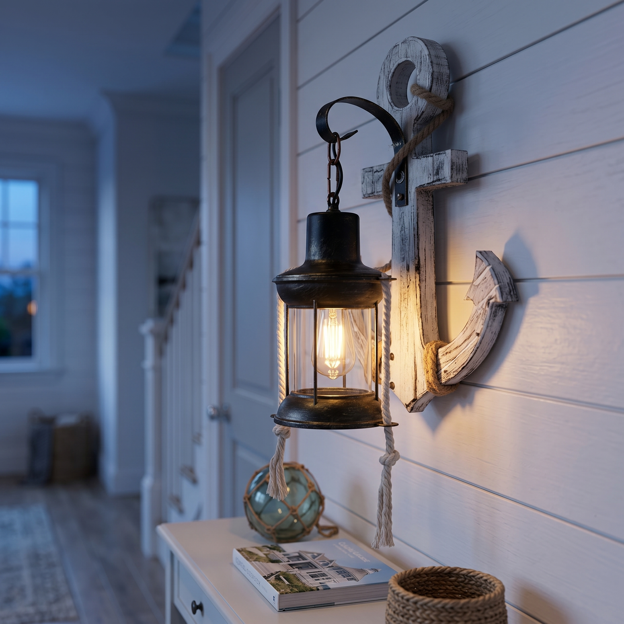 Faro anchor sconce glowing on a coastal hallway wall