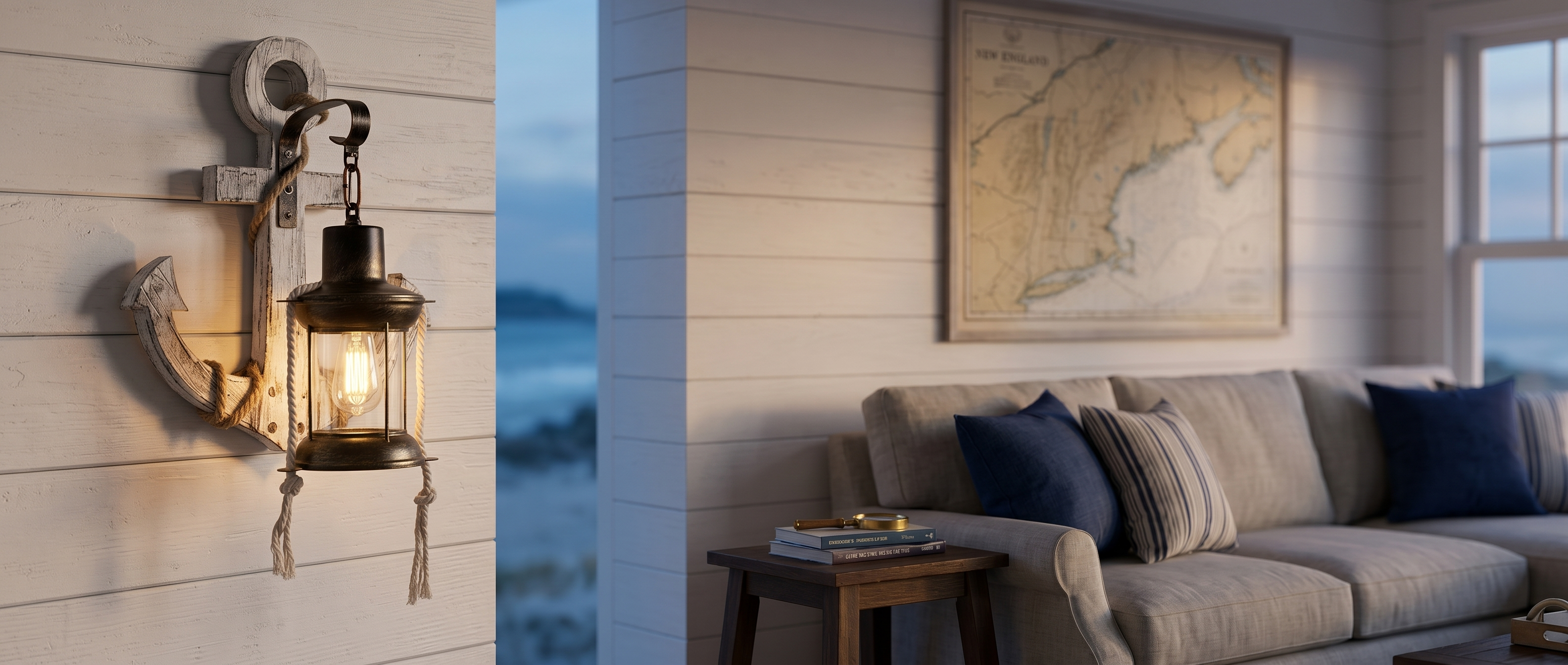 Faro nautical anchor sconce glowing on a coastal wall banner