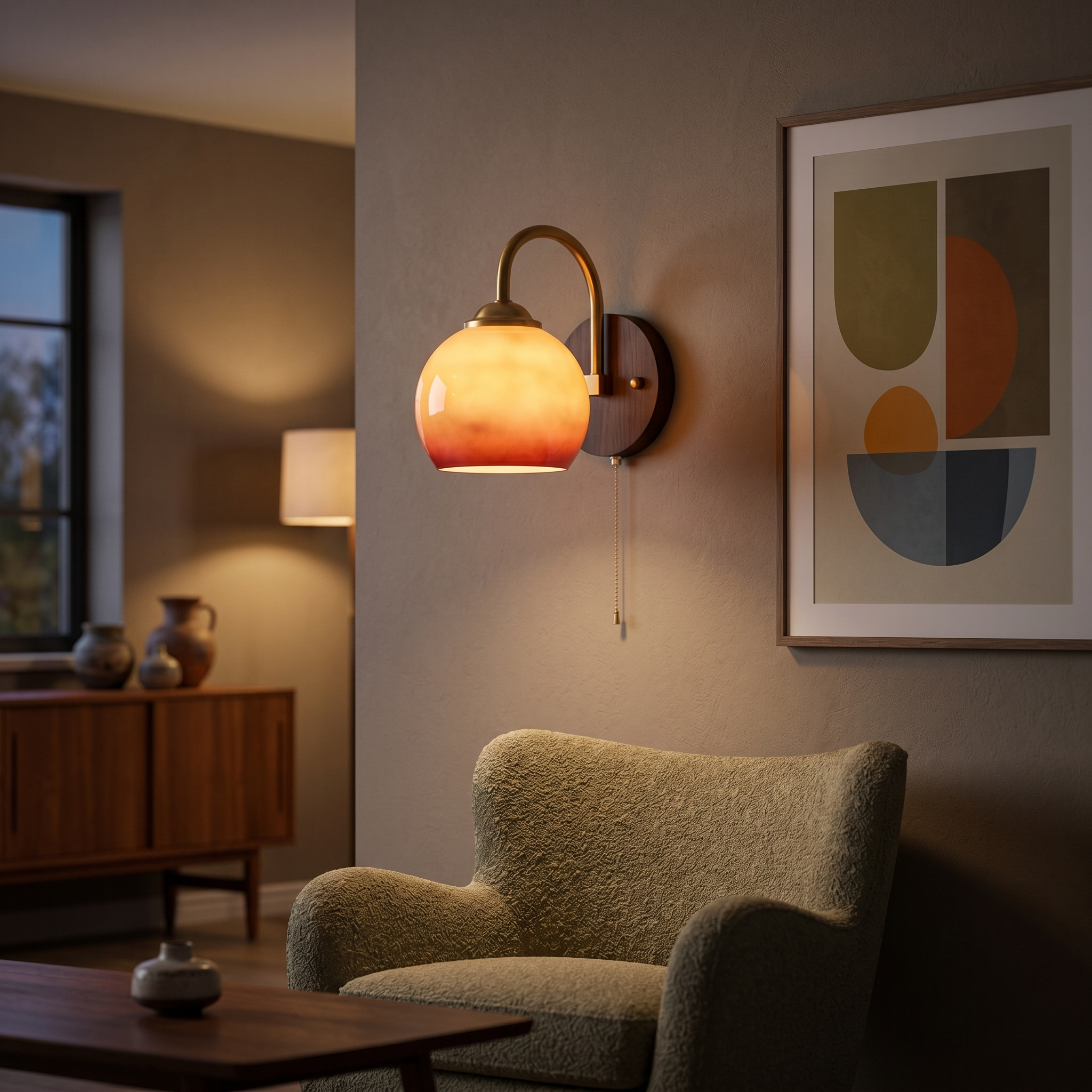 Round caramel Tramonto sconce glowing in a living room