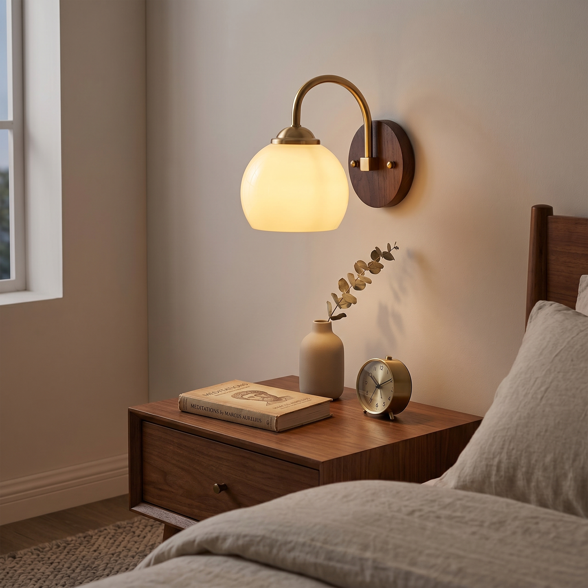Round beige Tramonto sconce glowing above a nightstand