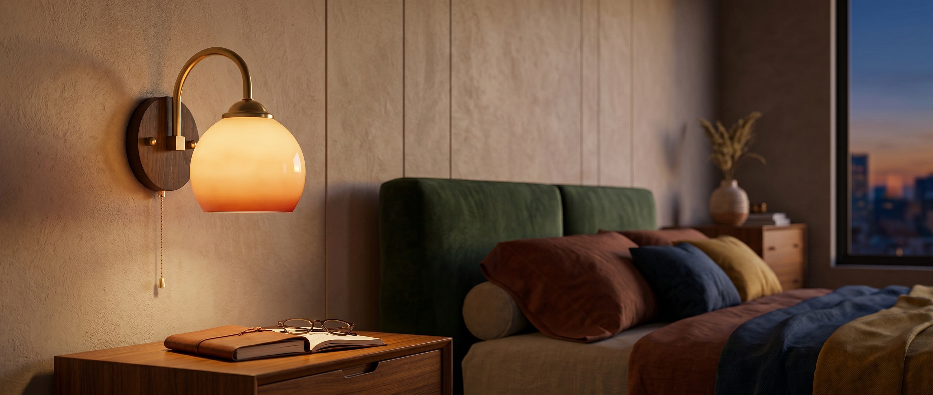 Tramonto mid-century glass globe wall sconce glowing in a bedroom banner