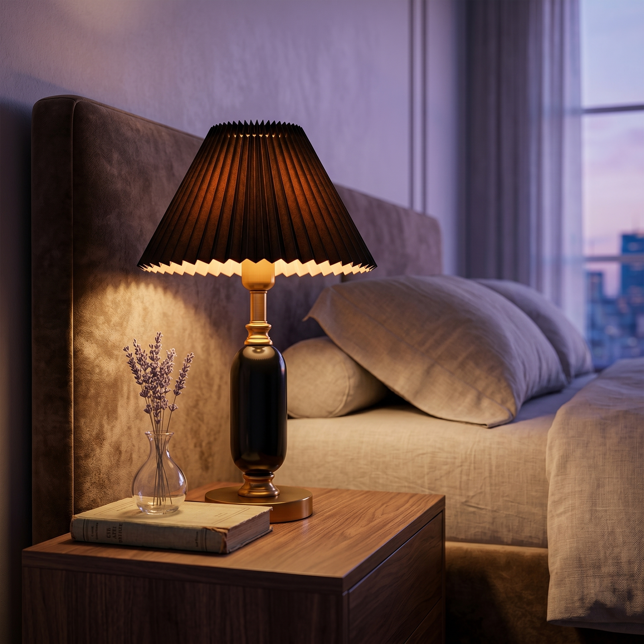 Black Camelia lamp glowing on a bedroom nightstand
