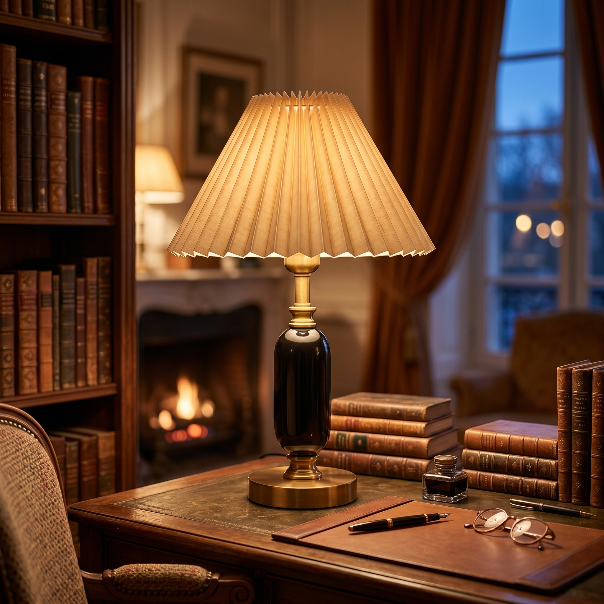 Khaki Camelia lamp glowing on a study desk