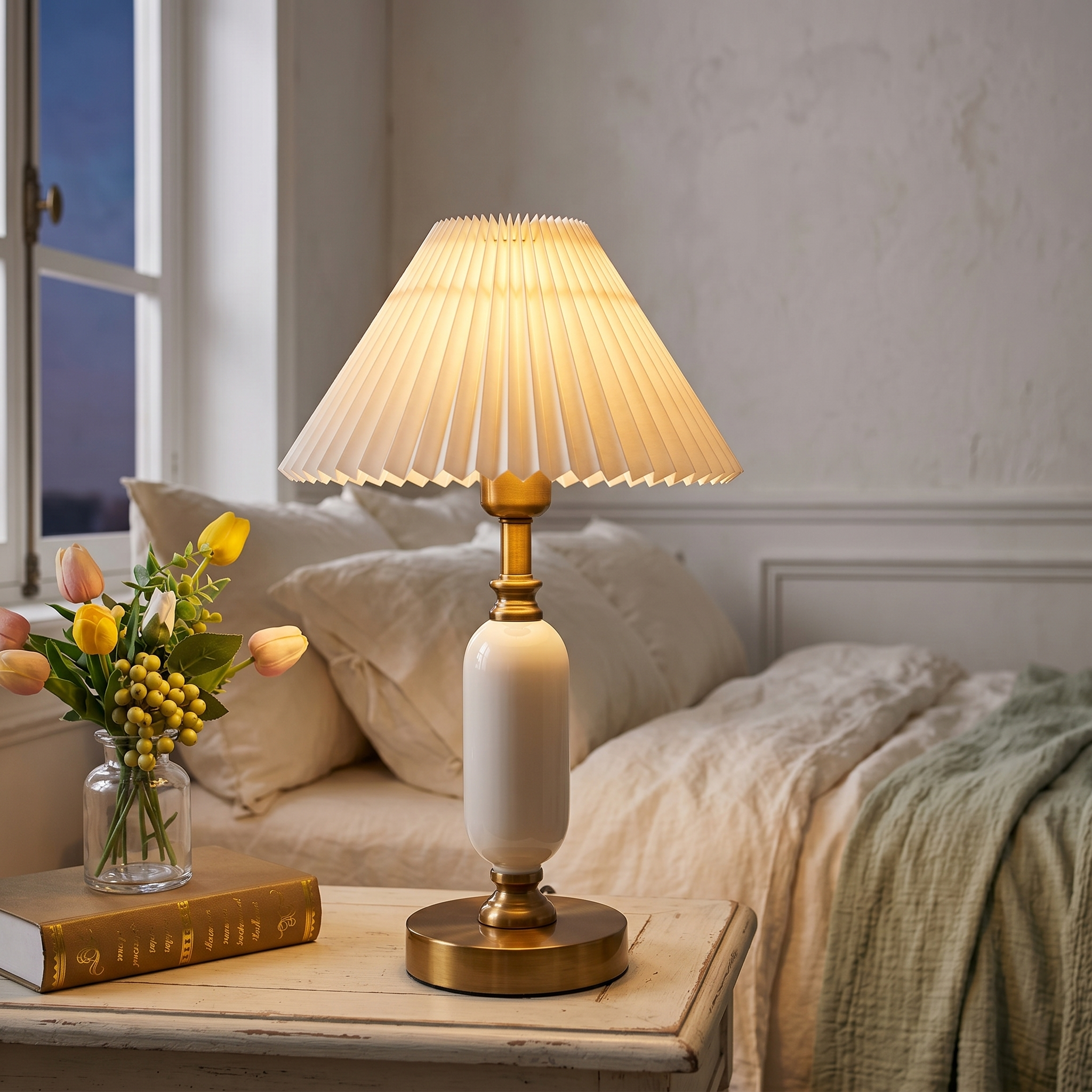 White Camelia lamp glowing on a bedside table