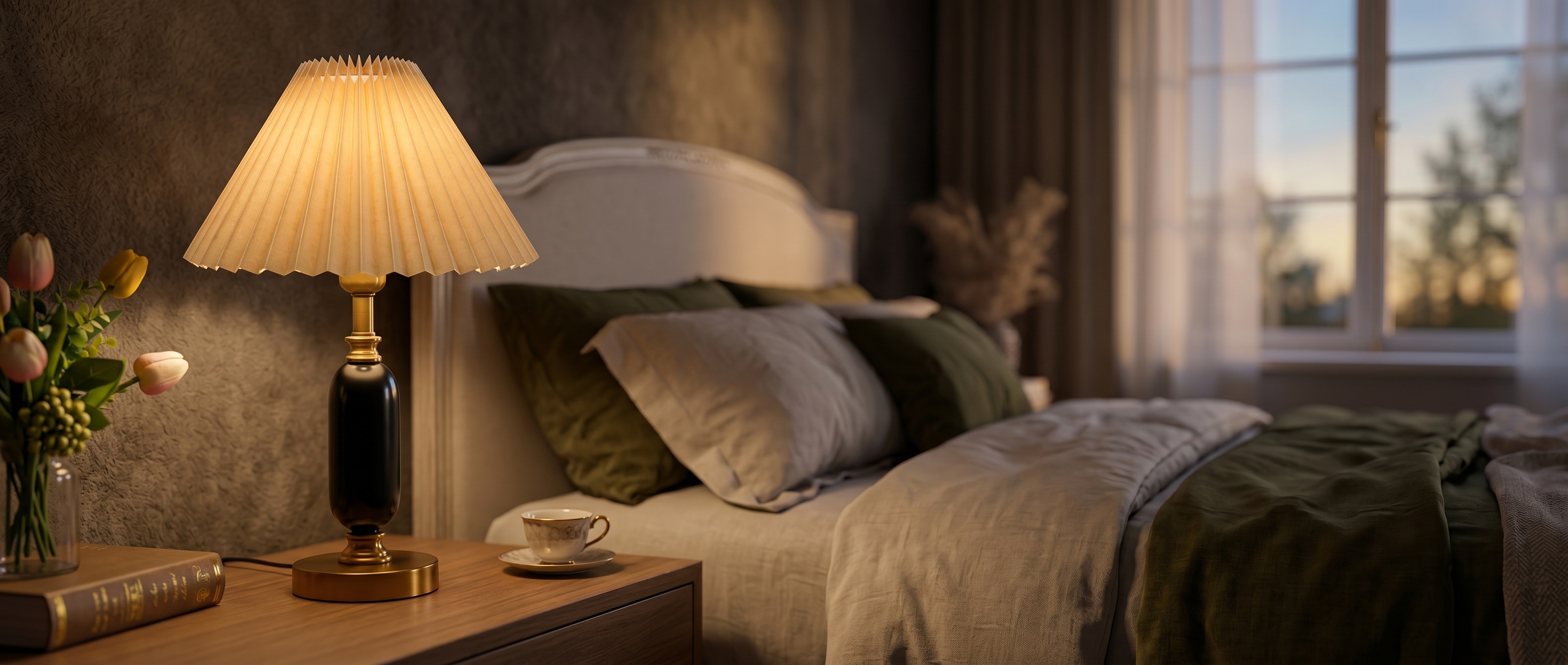 Camelia pleated table lamp glowing in a bedroom banner