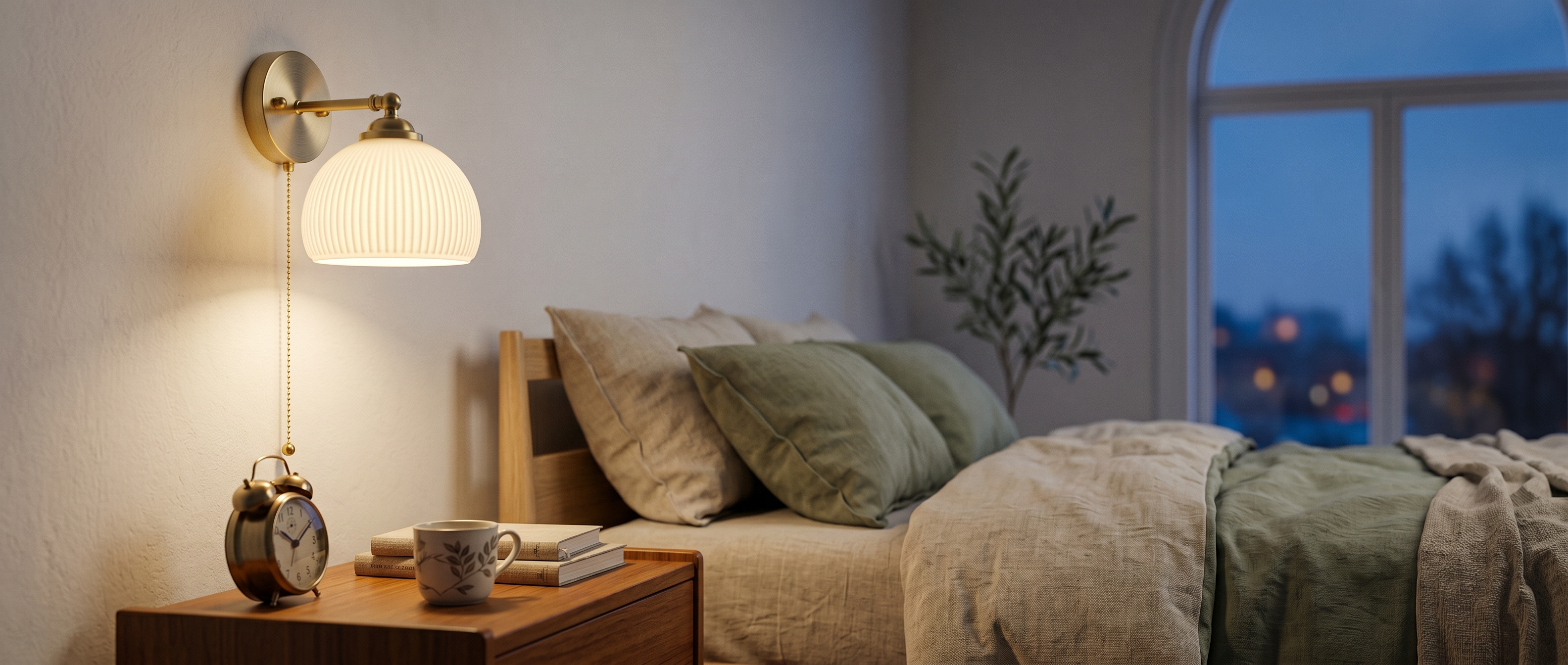 Giglio Nordic glass wall sconce glowing in a bedroom banner