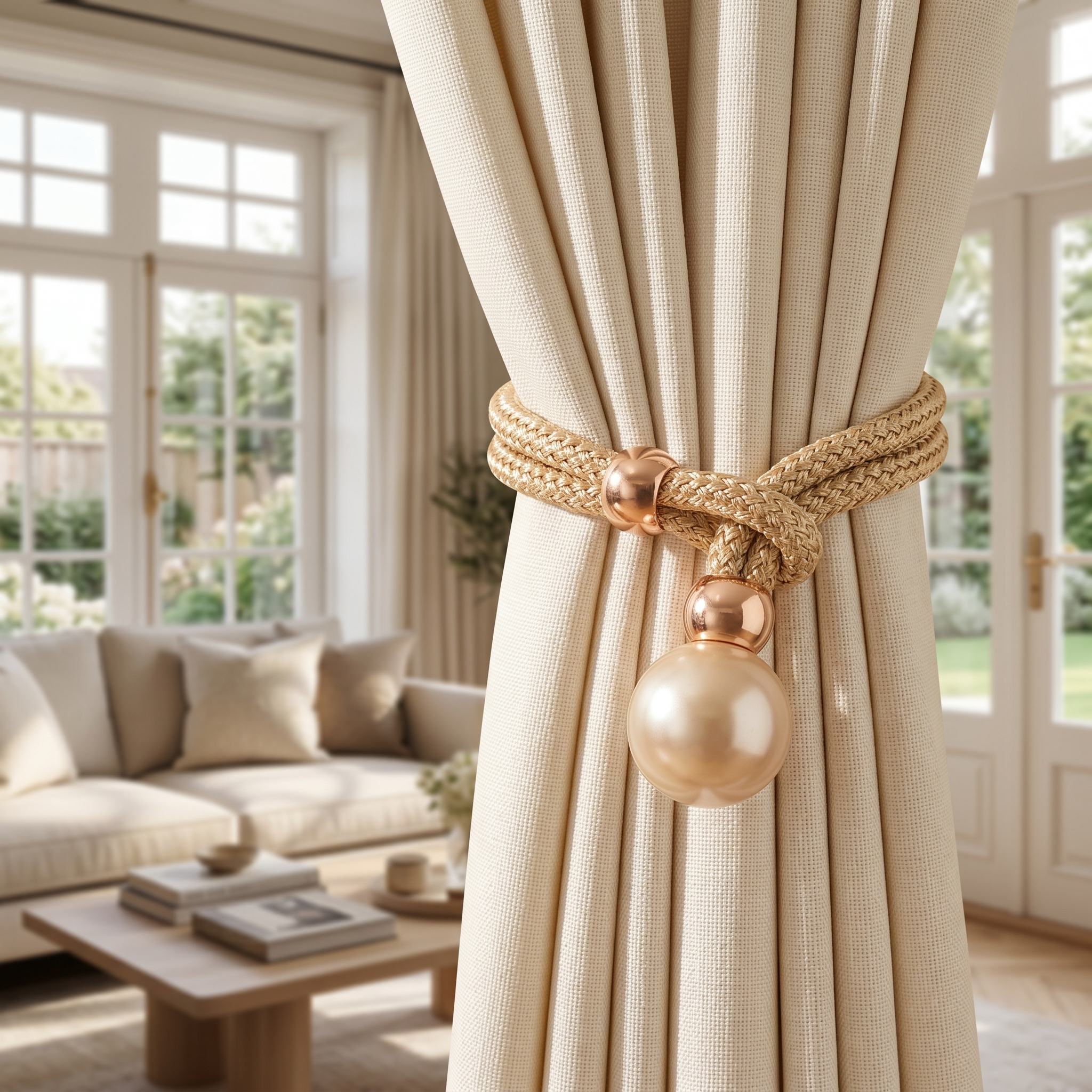 Golden Perlina tieback gathering a living room drape