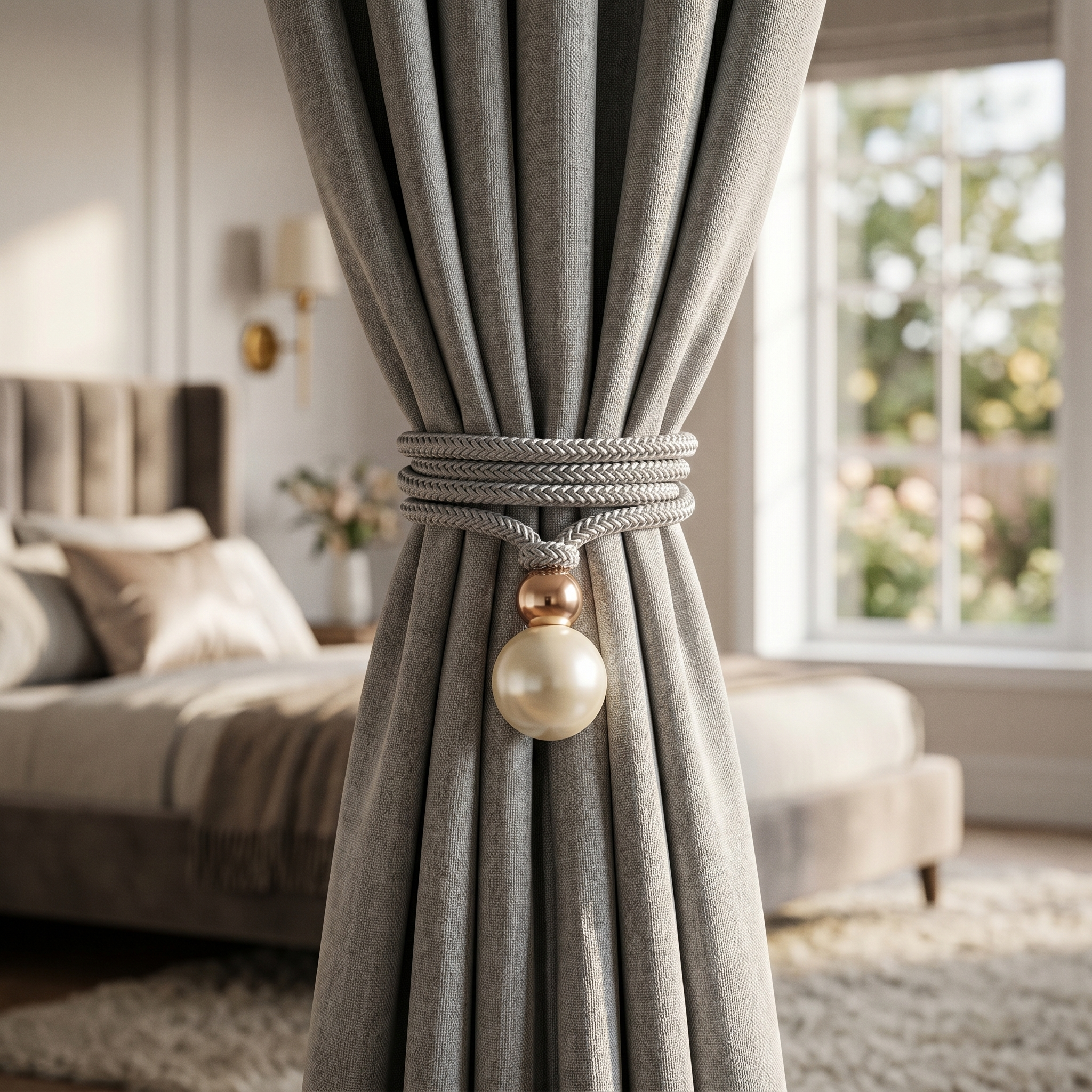 Gray Perlina tieback gathering a modern bedroom drape