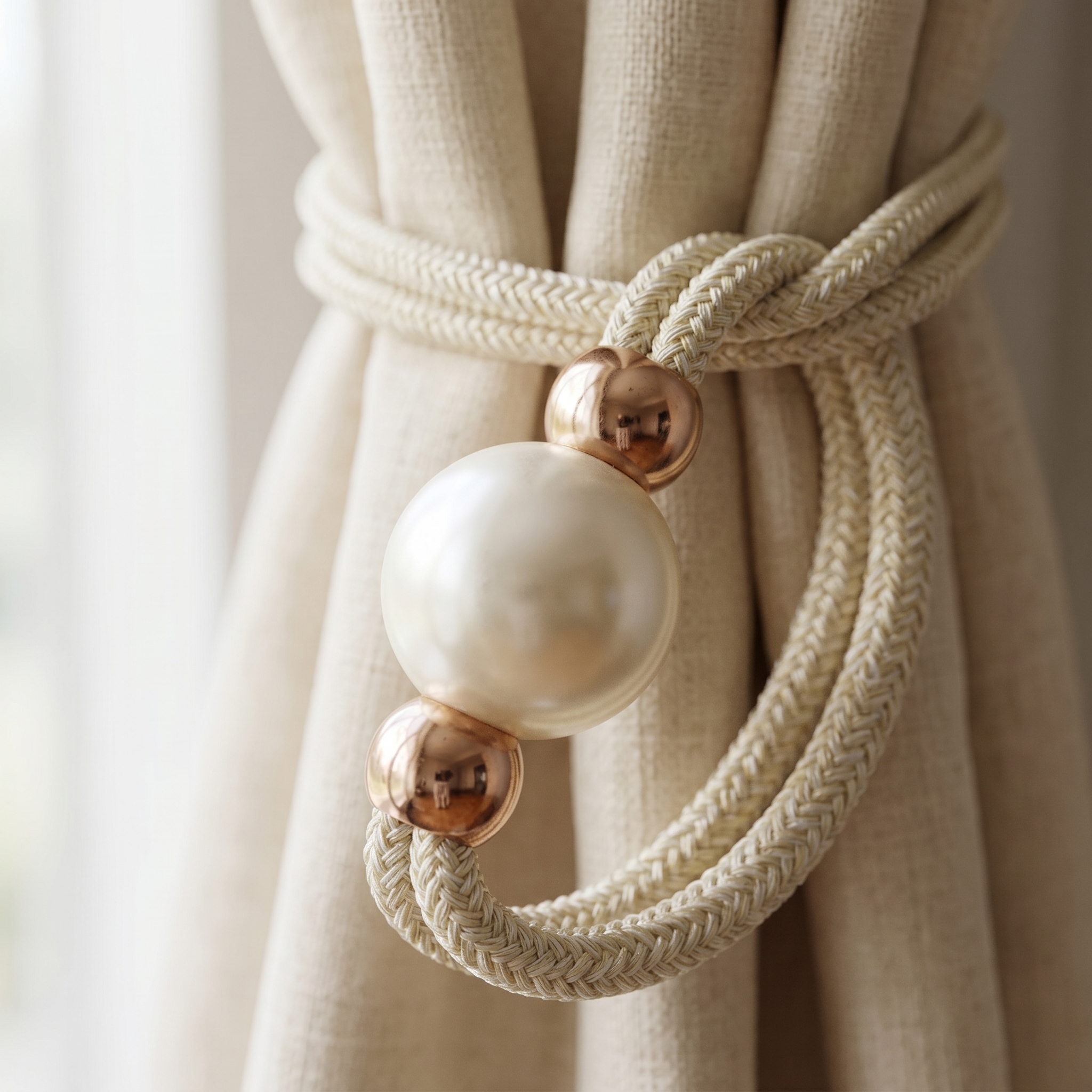 Close-up of the Perlina faux pearl, rose-gold bead and braided rope
