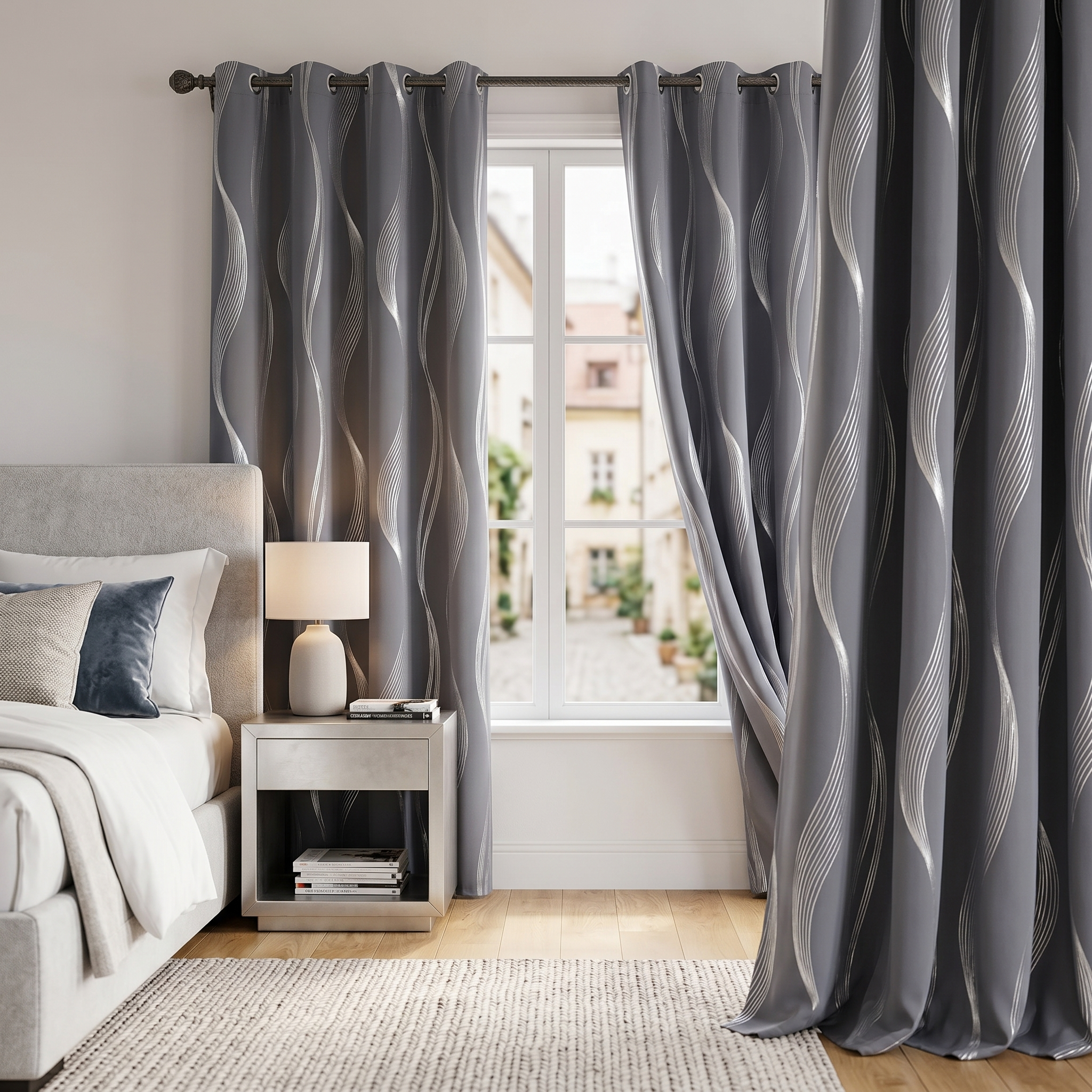 Slate Onda wave curtains in a bedroom