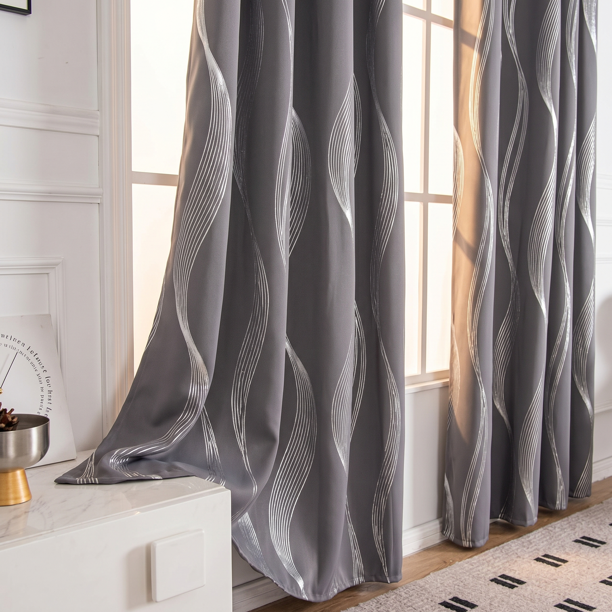 Slate Onda wave curtain draped by a sunlit window