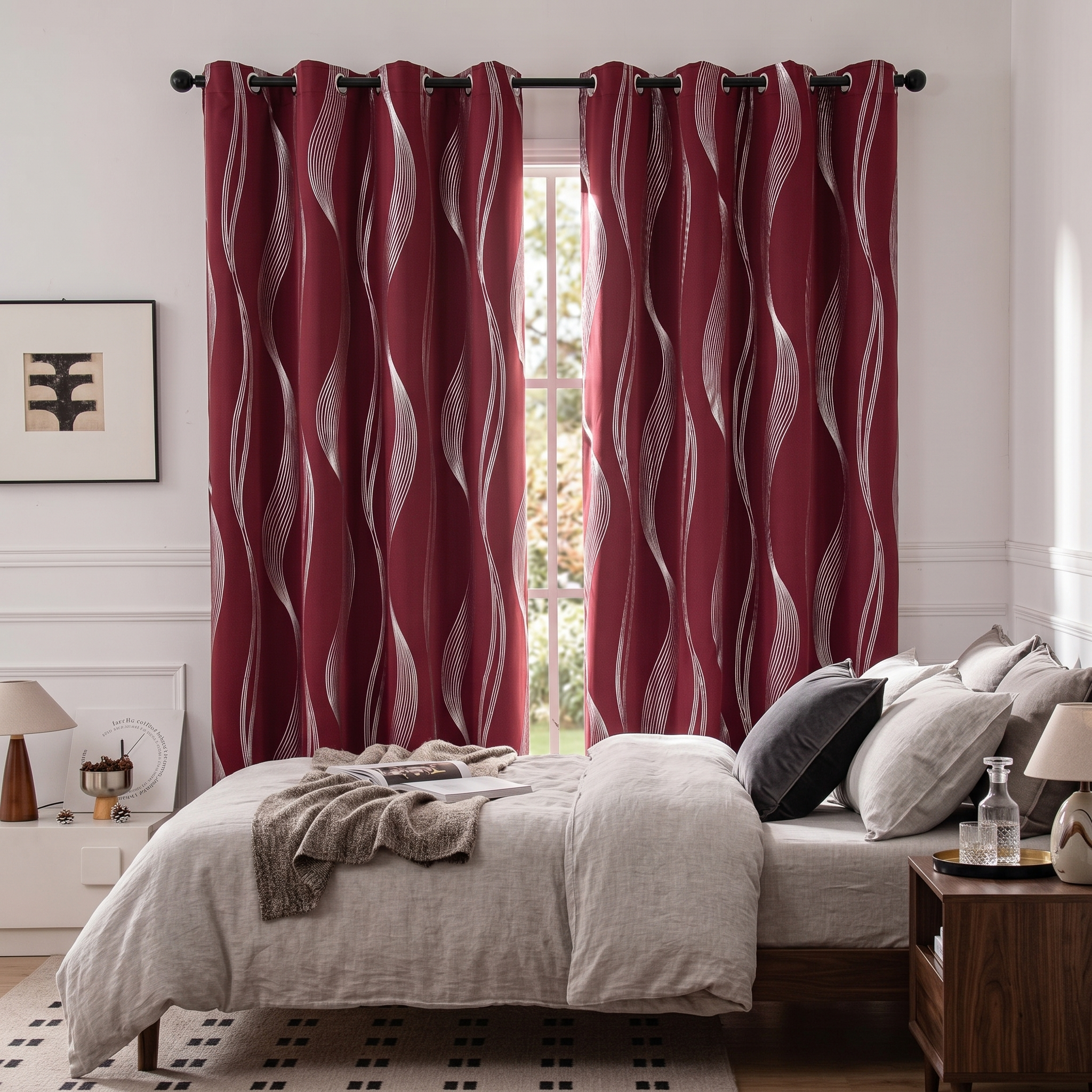 Crimson Onda wave curtains in a bedroom