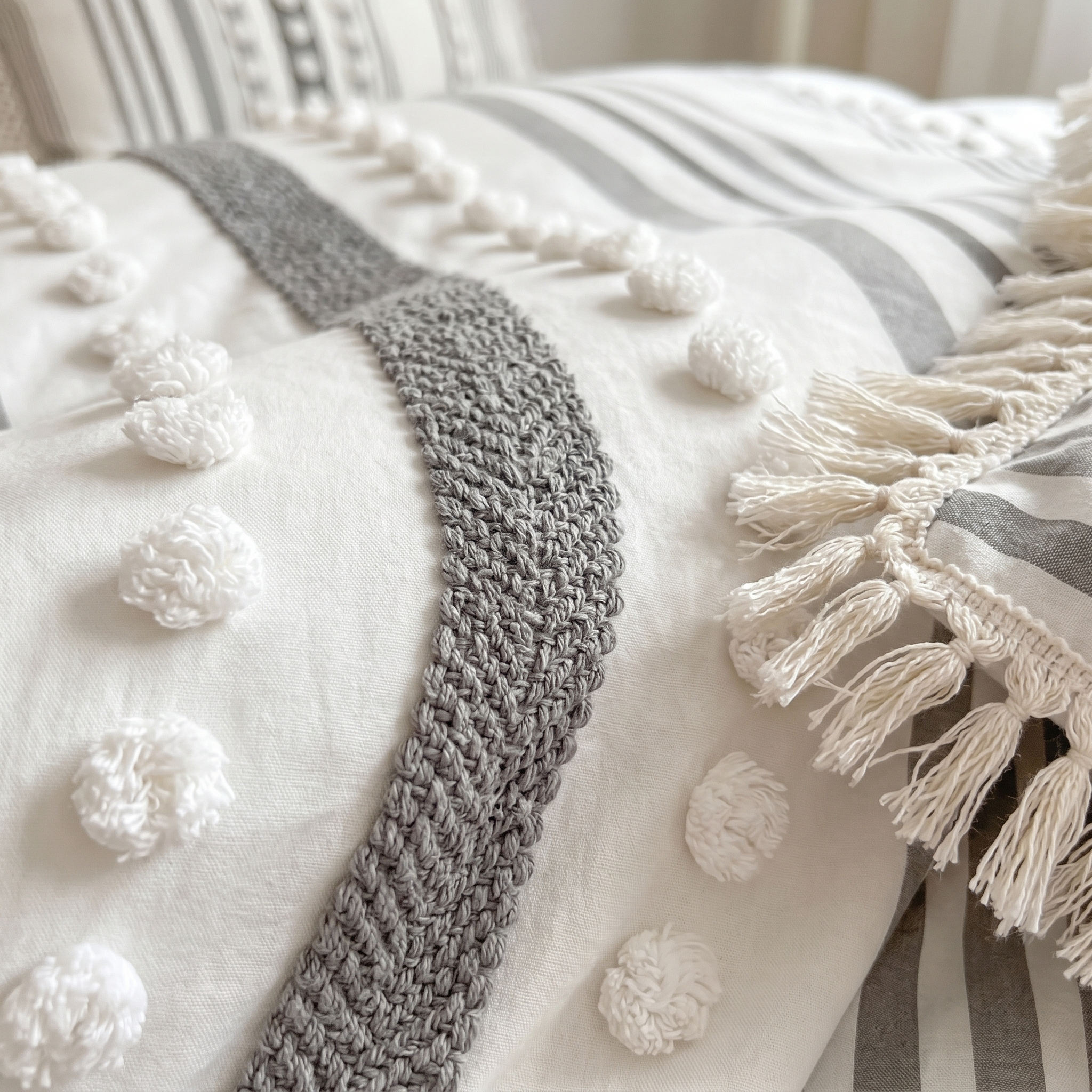 Riviera Tufted Stripe Duvet Set tufted stripe pom-pom and tassel detail