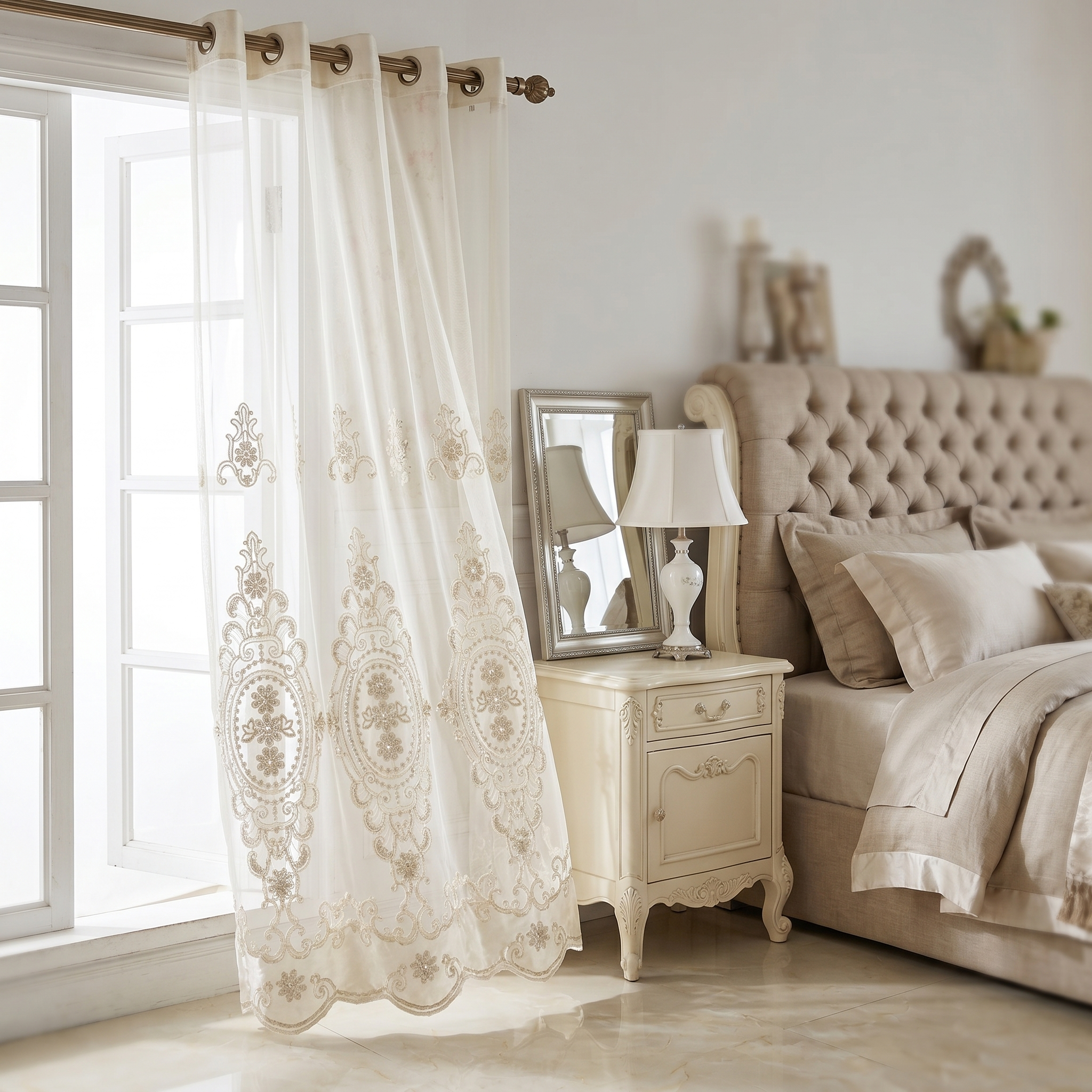 Serafina Embroidered Sheer Lace Curtain in bedroom