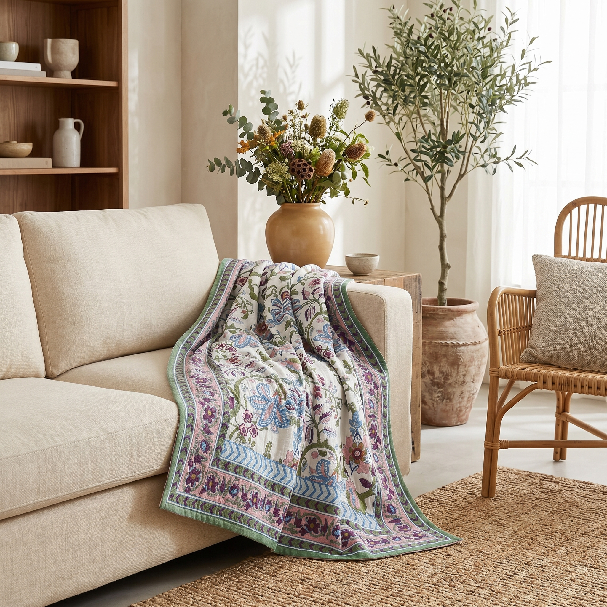 Primavera Floral Reversible Cotton Blanket White Bloom on sofa