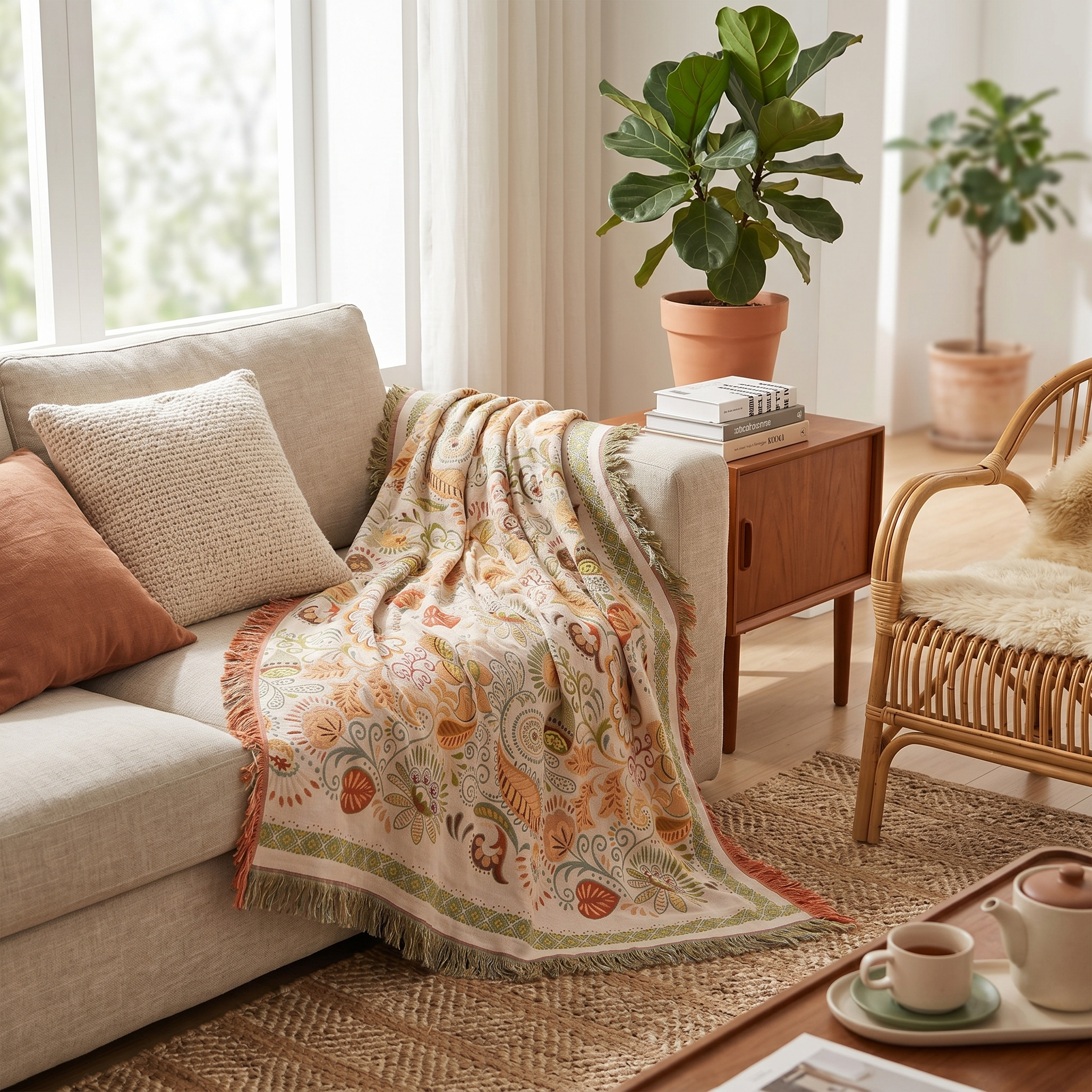 Edera Boho Floral Throw Blanket Sunny Fern on sofa