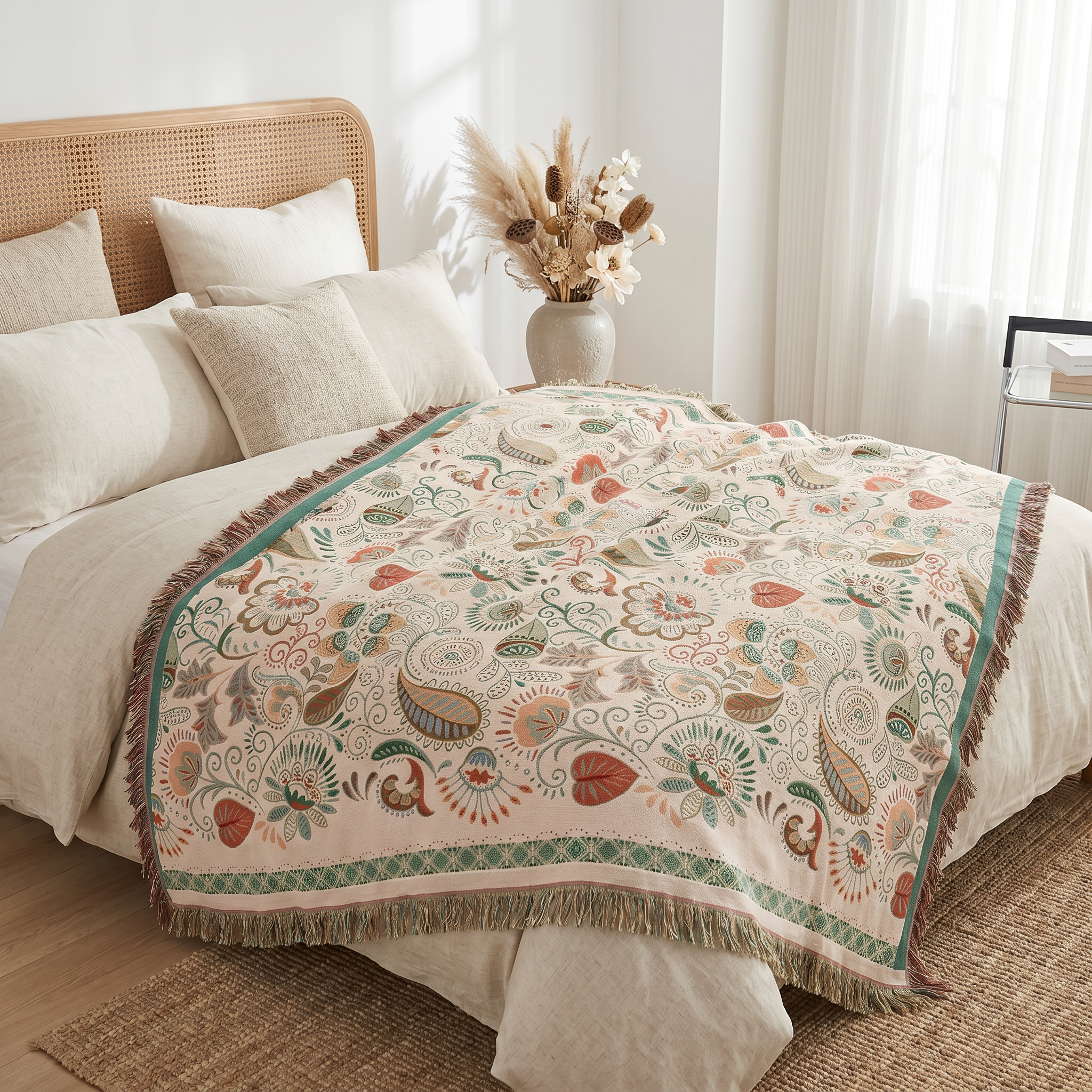Edera Boho Floral Throw Blanket Blush Maple on bed