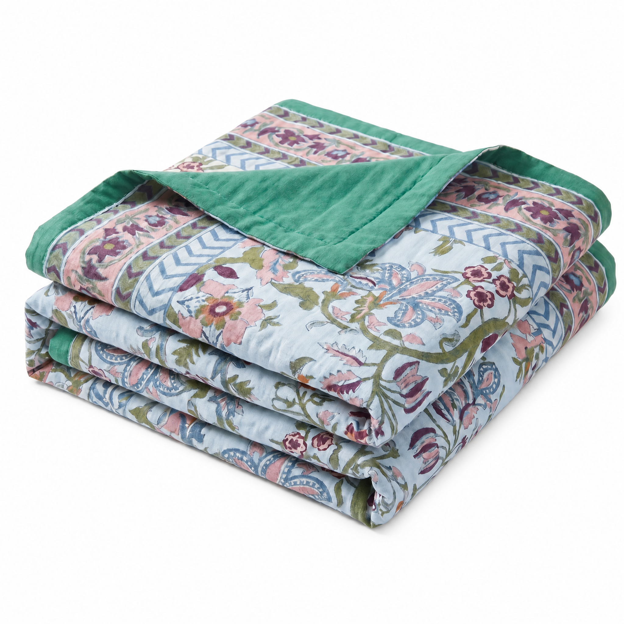 Primavera Floral Reversible Cotton Blanket Blue Blossom folded