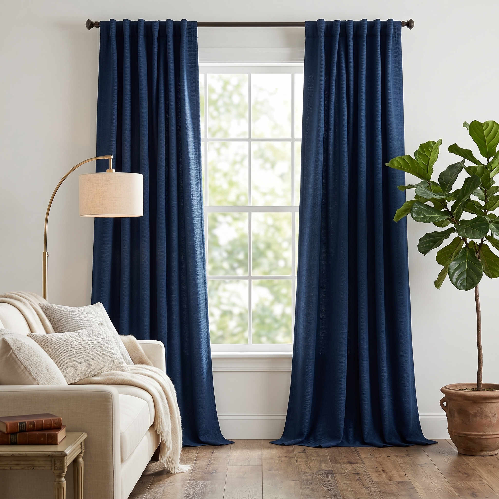 Navy Blue thermal blackout curtains in a sunlit living room