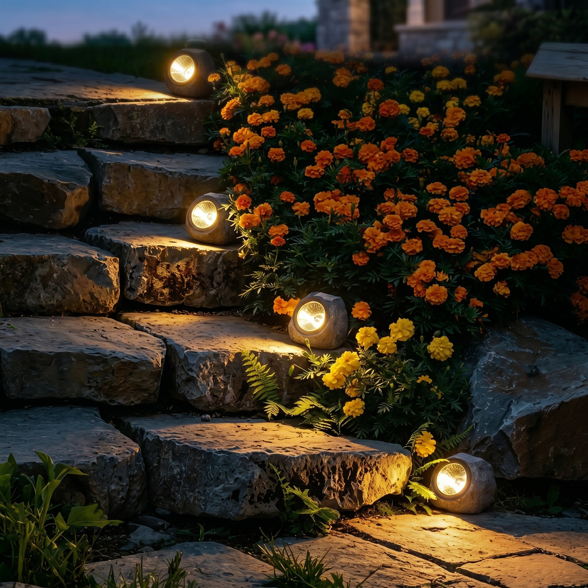 Solar stone lights on garden steps with flowers at dusk