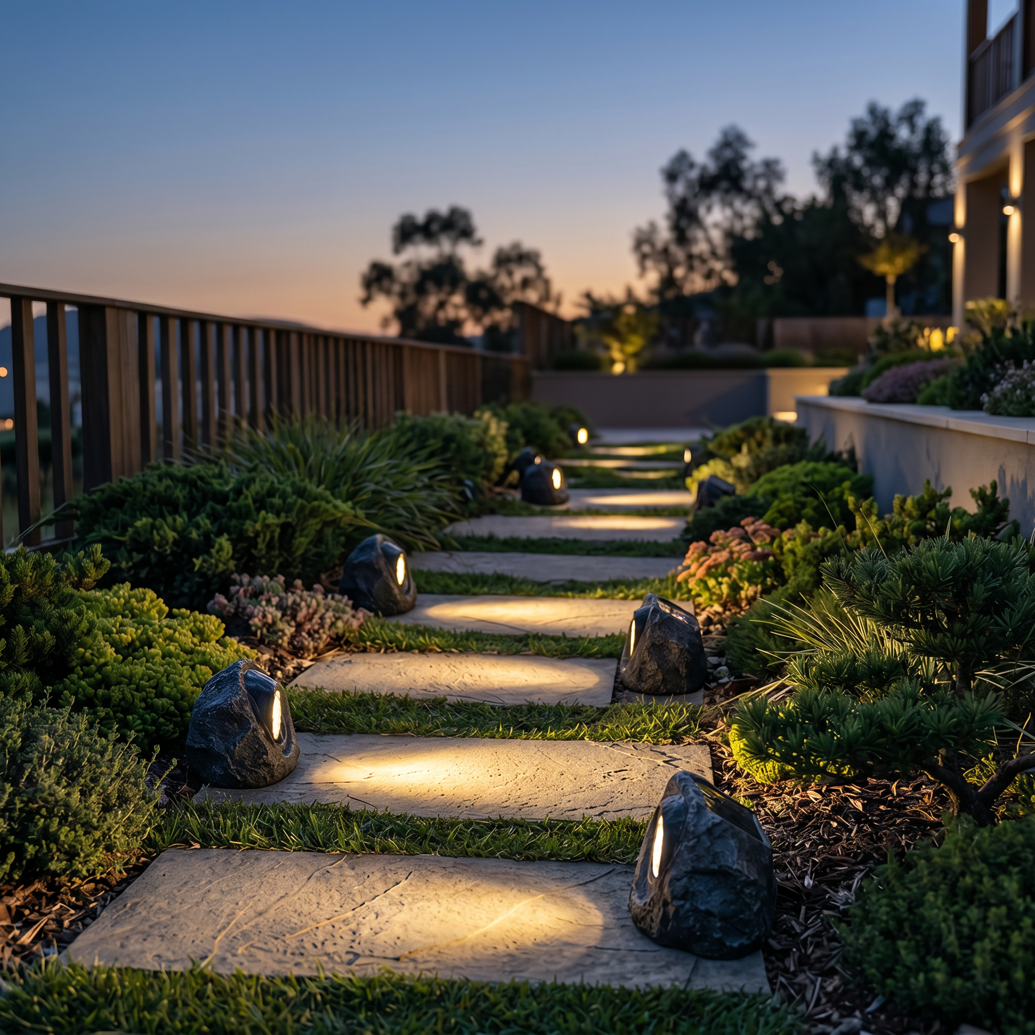 Solar stone lights along stepping stones at twilight