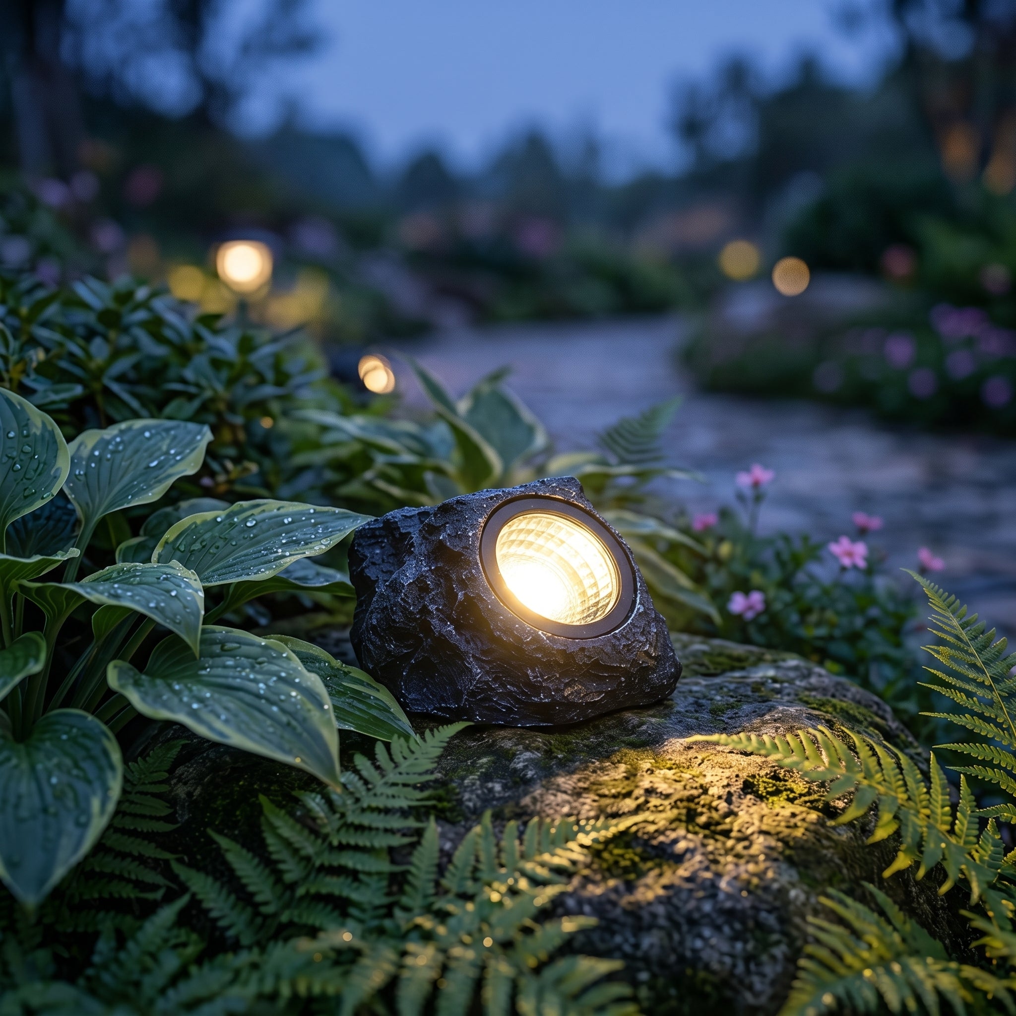 Close-up of a solar stone light glowing among ferns