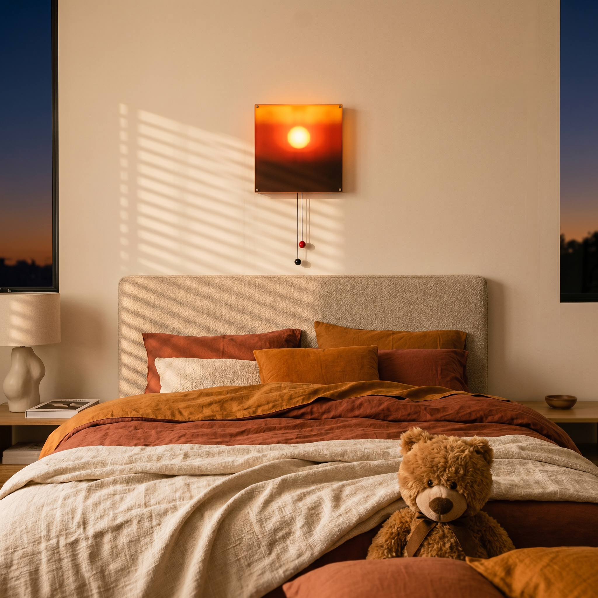 Sunset glow wall light above a bed in a serene bedroom