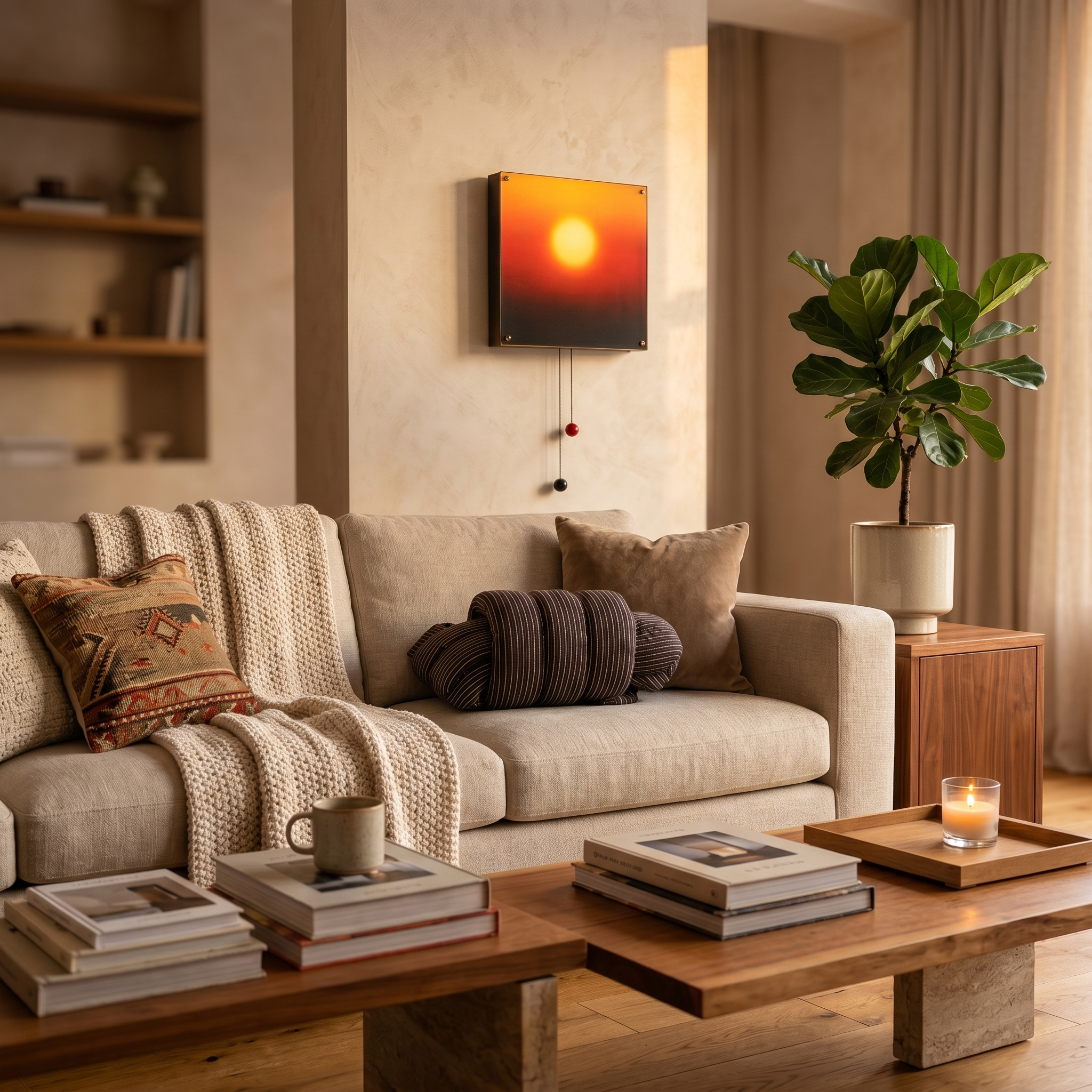 Sunset glow wall light above a sofa in a living room