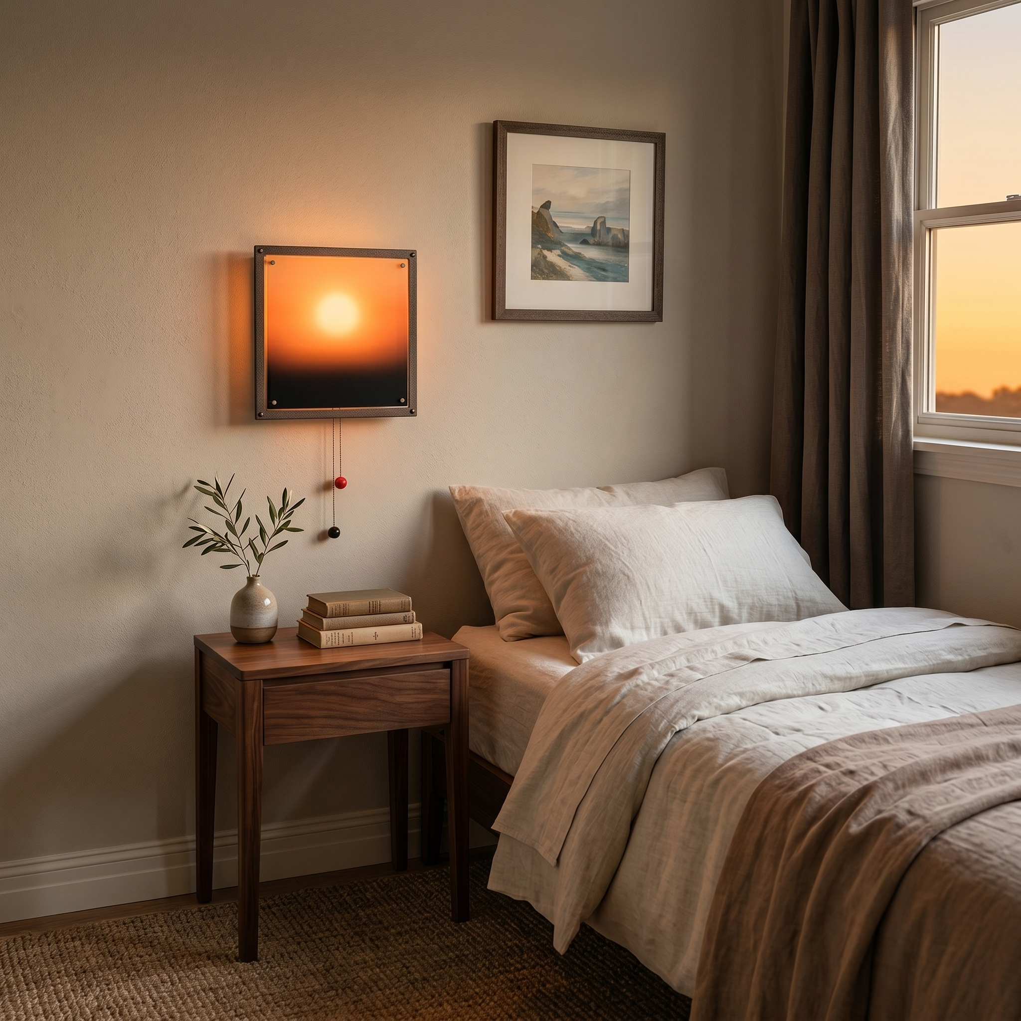 Sunset glow wall light above a bedroom nightstand