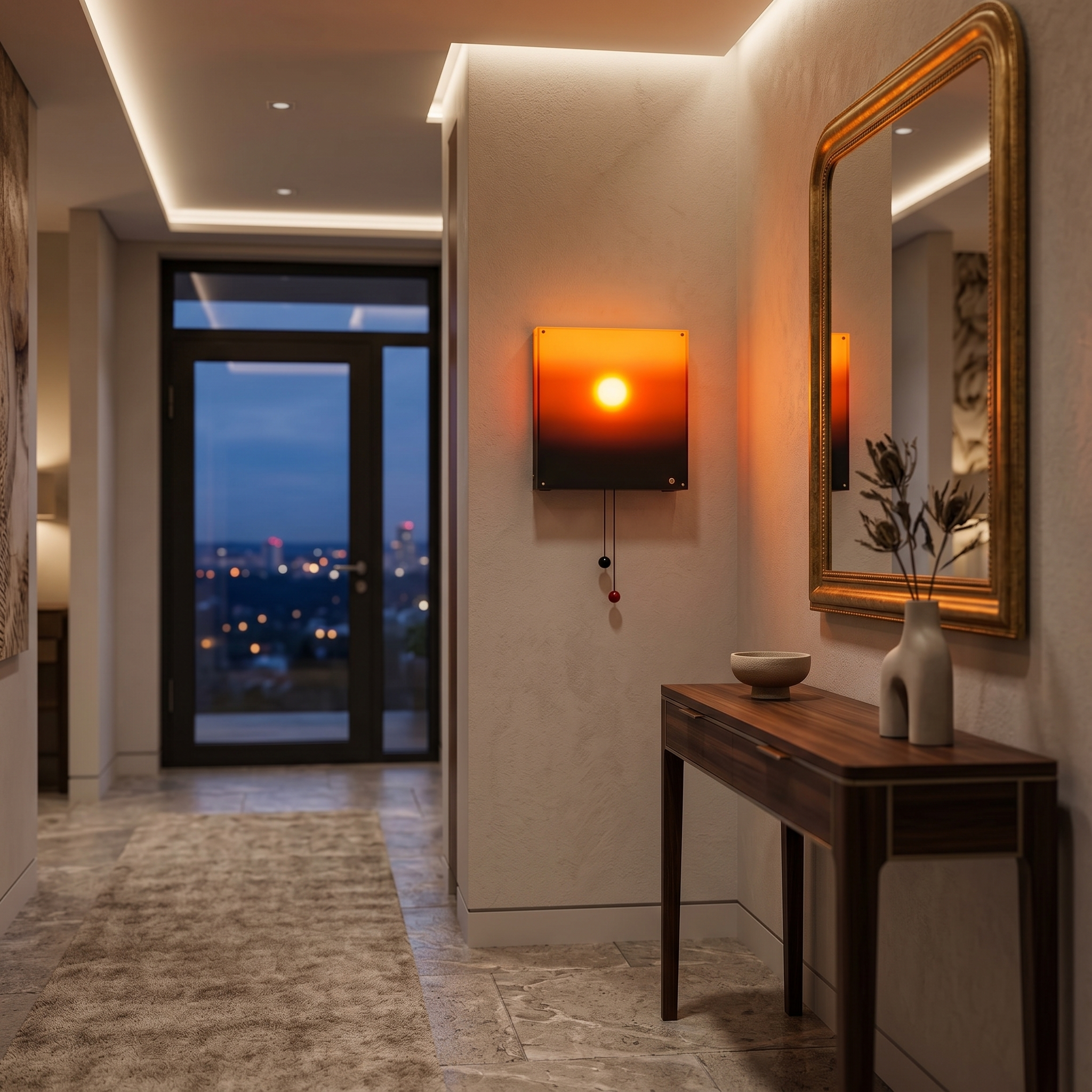 Sunset glow wall light in an entryway hallway