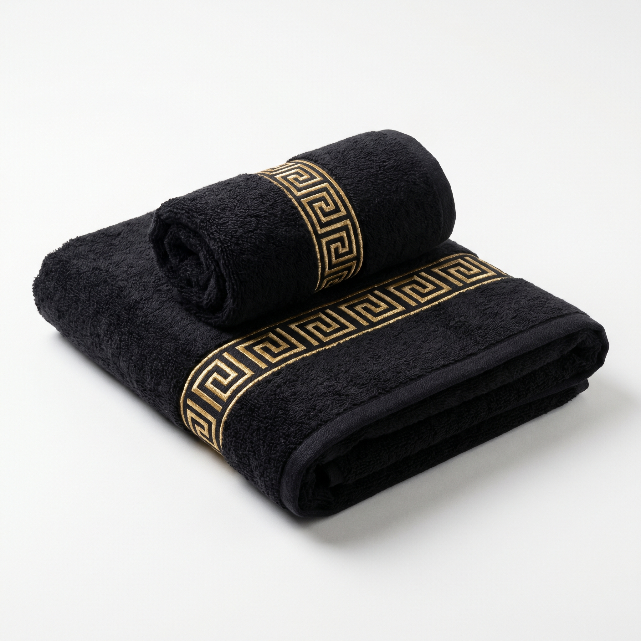 Obsidian Gold black cotton towel set with gold Greek key border