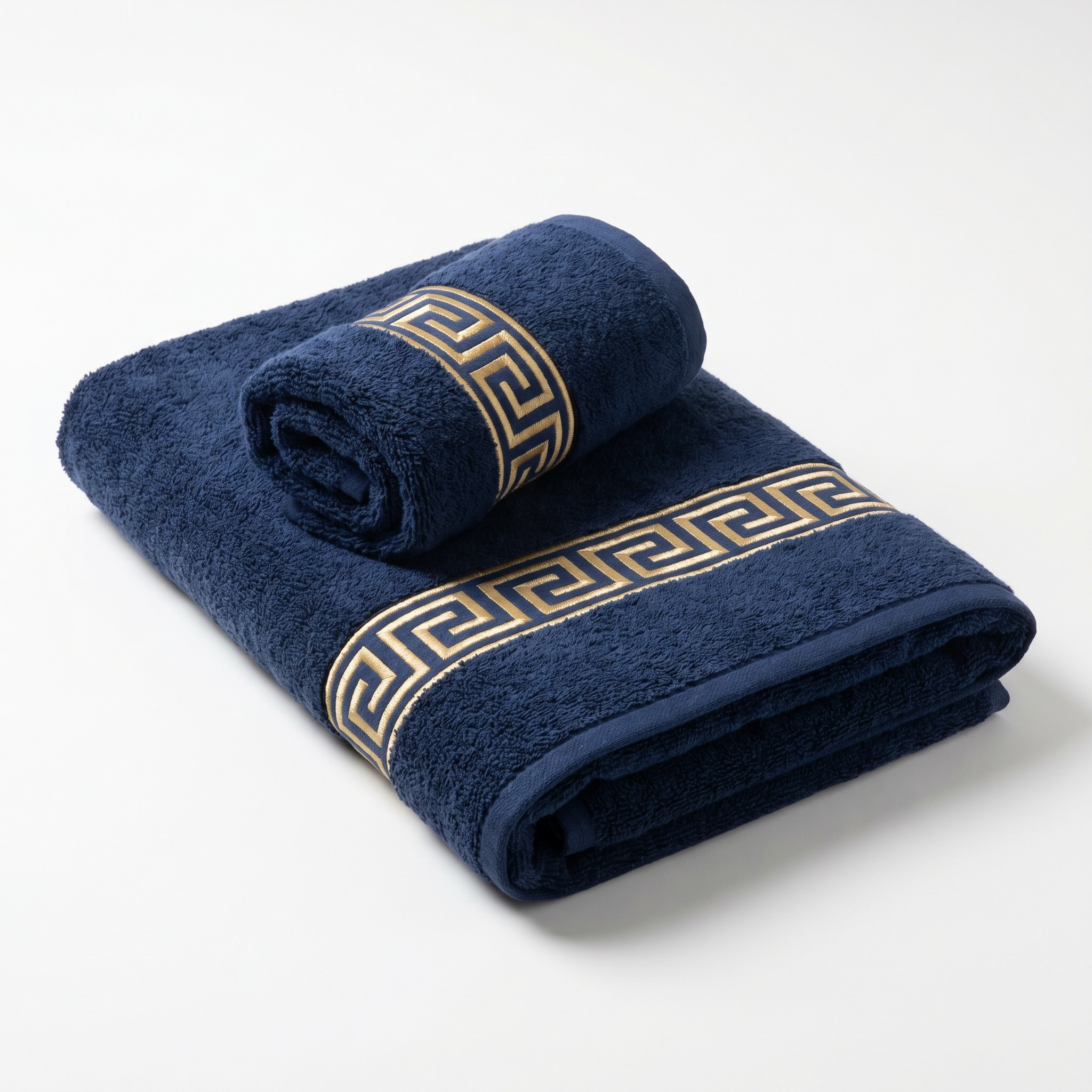Midnight Royal navy cotton towel set with gold Greek key border