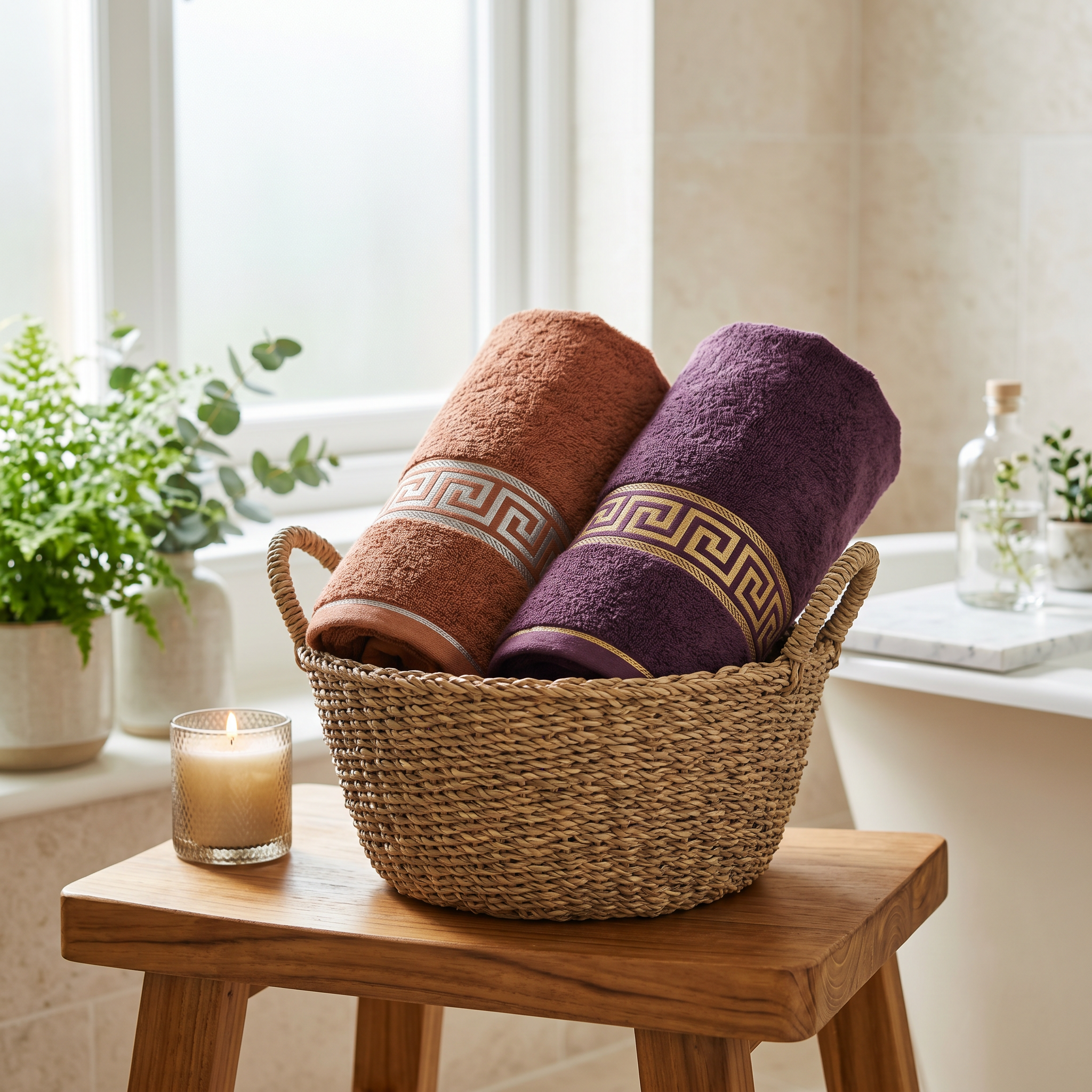 Bronze and plum Greek key cotton towels in a woven basket in a bright spa bathroom