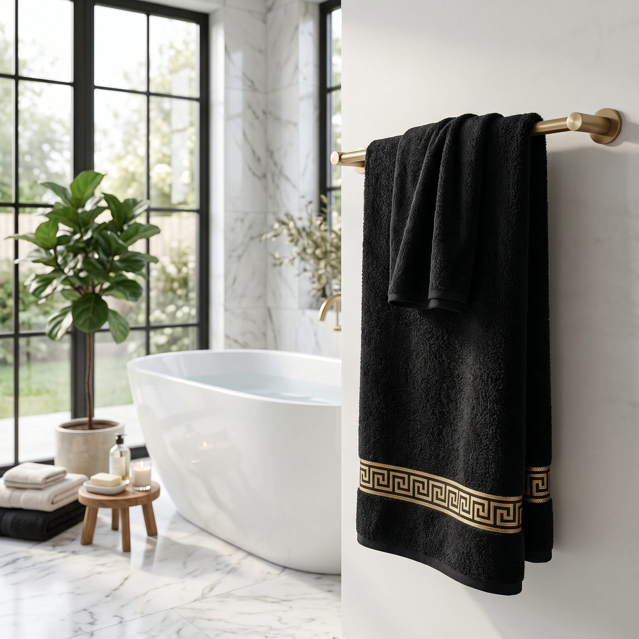 Black and gold Greek key bath towel draped on a brass rail beside a freestanding tub