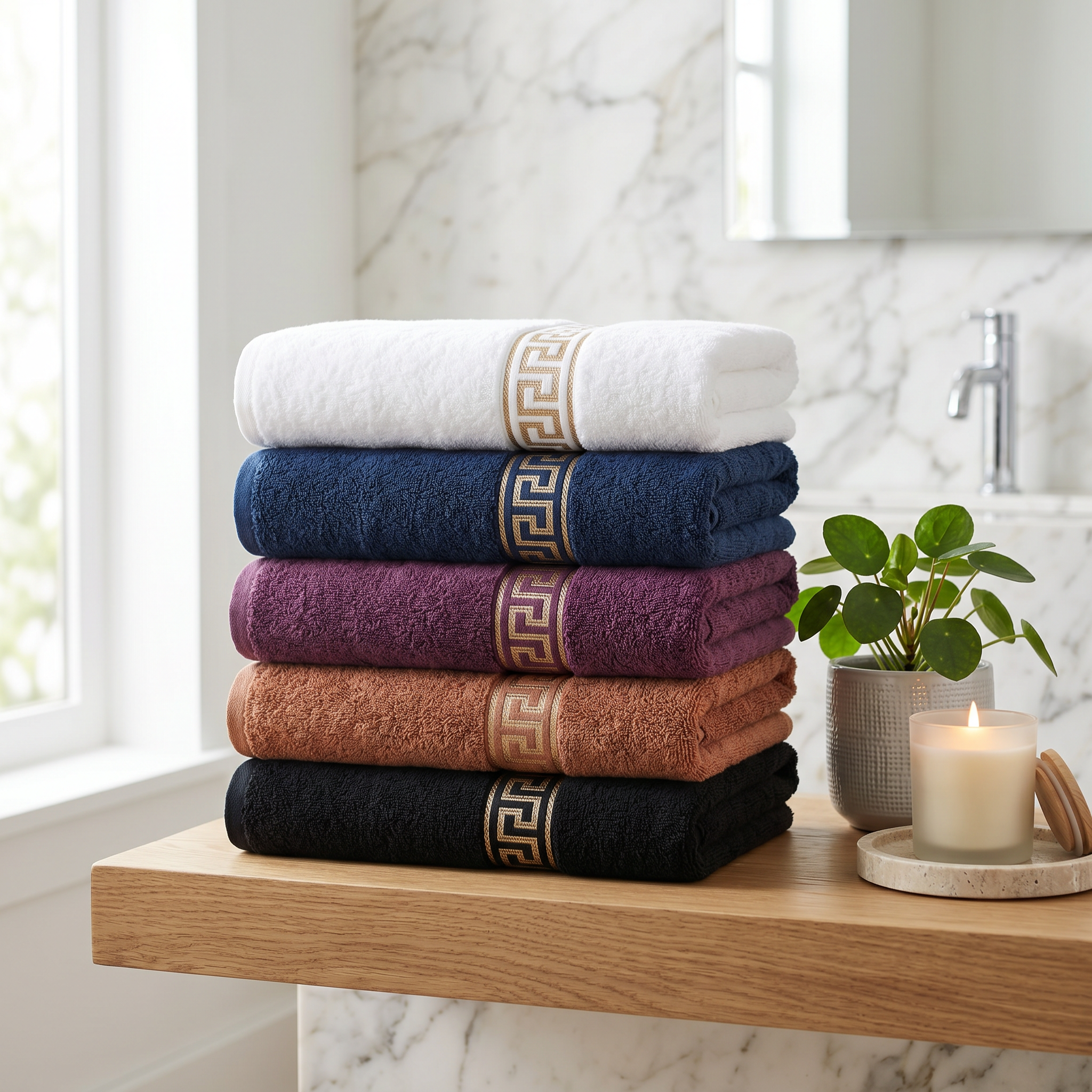 Stack of white, navy, plum, bronze and black Greek key cotton towels on a bathroom shelf