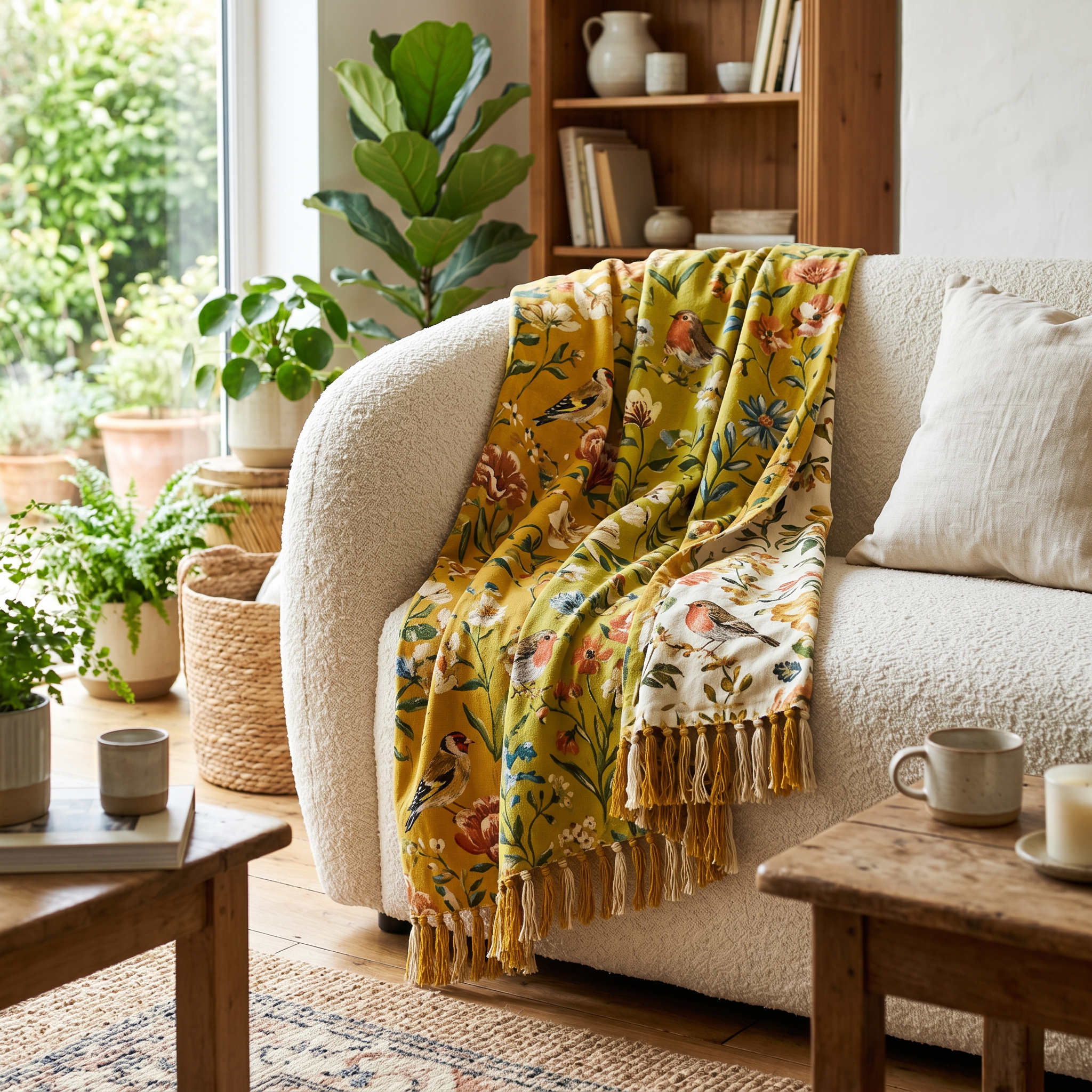Boho garden bird floral cotton throw draped over a cream sofa in a bright living room