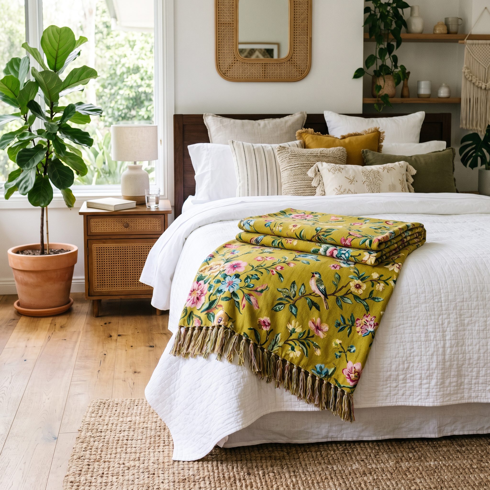 Mustard boho floral cotton throw folded at the foot of a sunlit bed